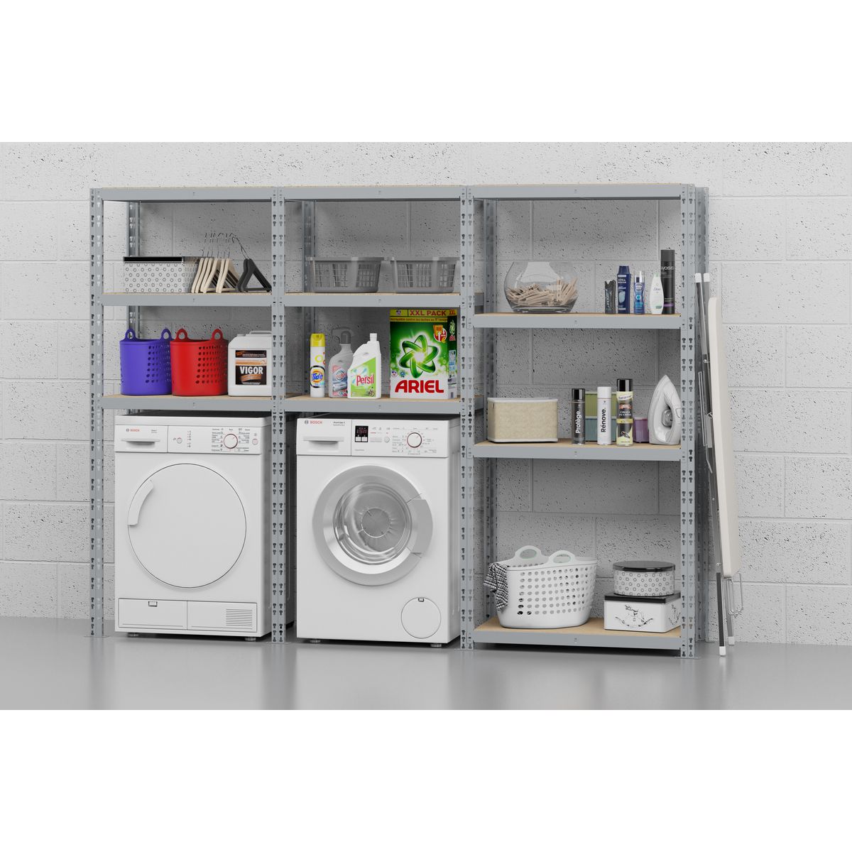 Concept rangement de garage MODULÖ STORAGE SYSTEME EXTENSION 3 étagères 10 plateaux longueur 240 cm