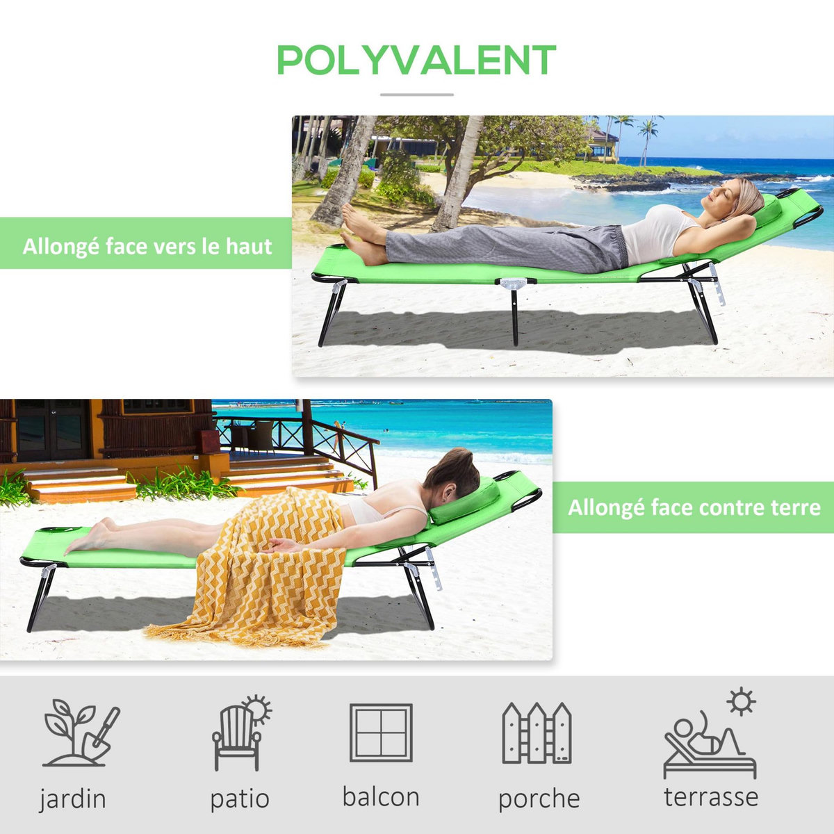 OUTSUNNY Bain de soleil pliable transat inclinable 4 positions chaise longue de lecture 3 coussins fournis vert