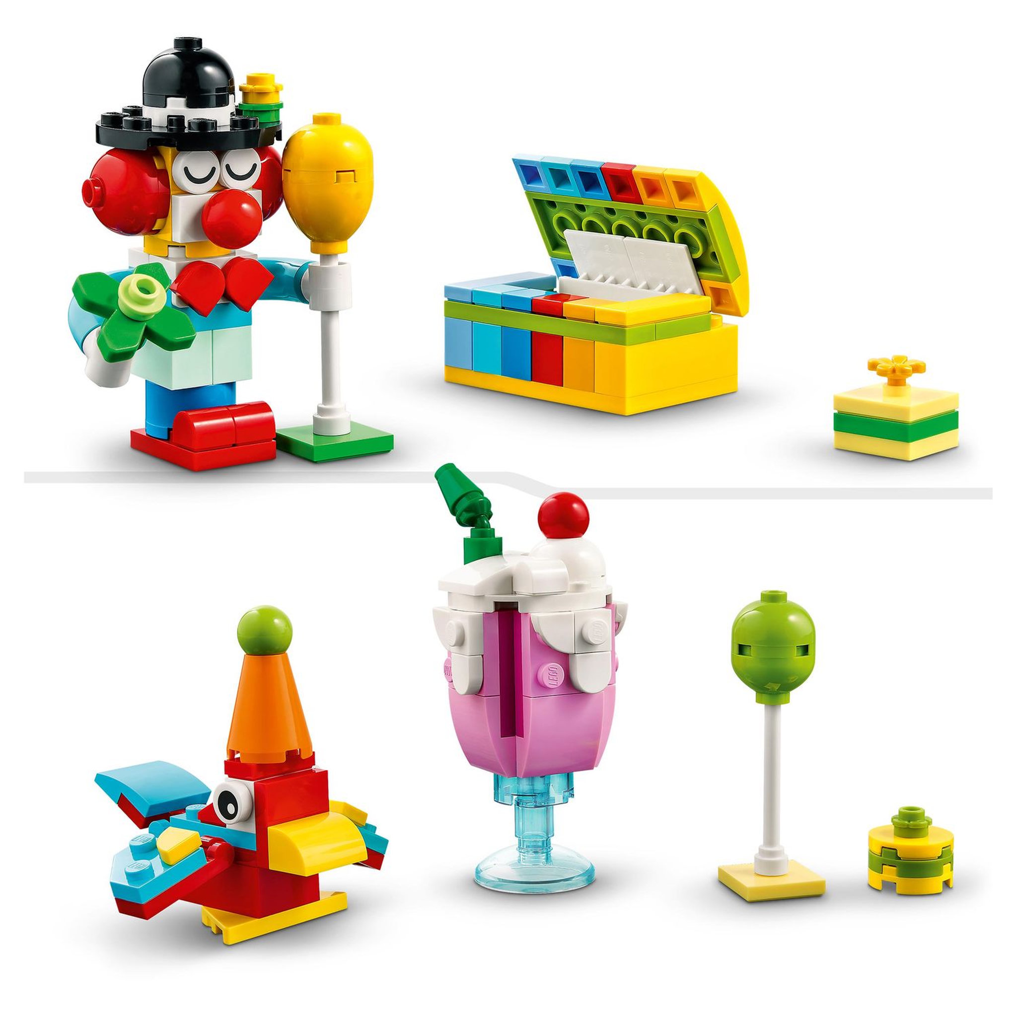 Voir la diapositive 5 : LEGO Classic 11029 - Boîte de fête créative, Ensemble de Briques, à Jouer en Famille, Comprend 12 Mini Jouets : Ourson, Clown, Licorne,
