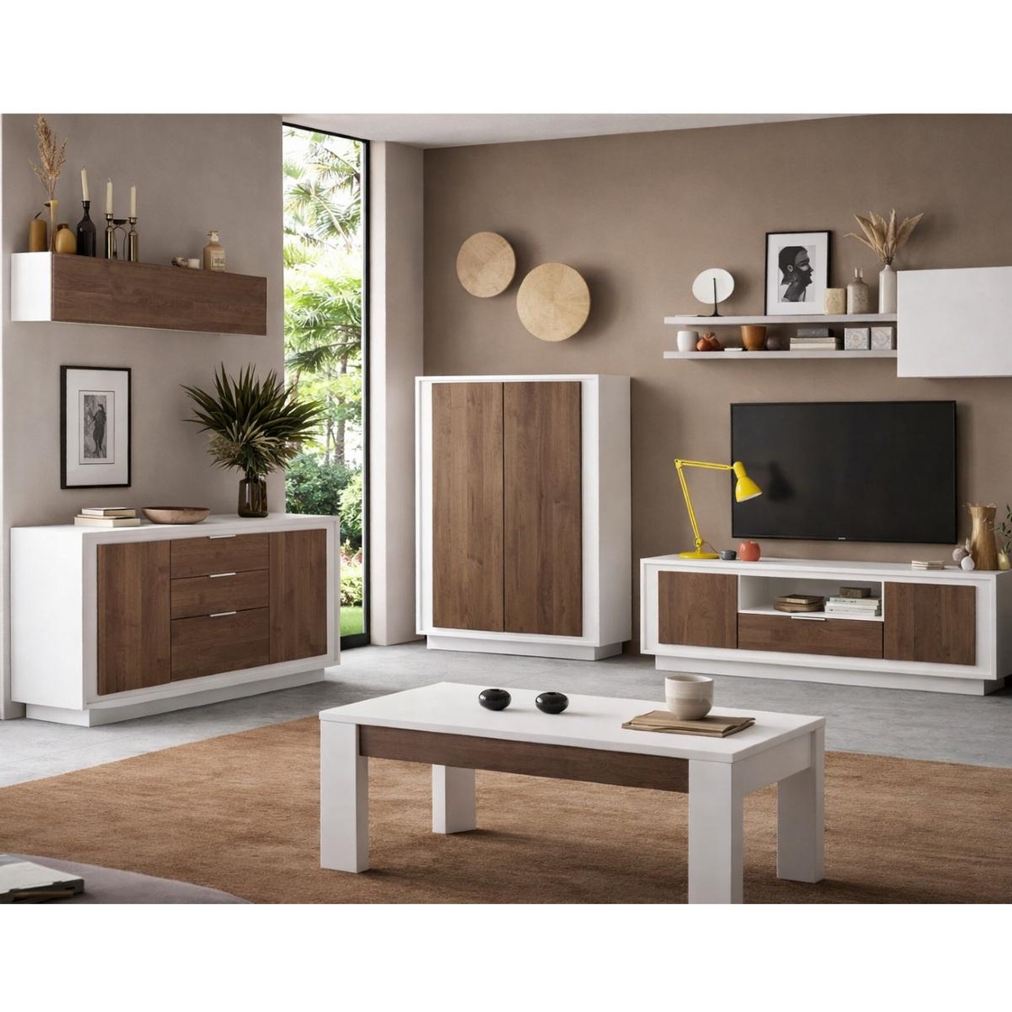 Voir la diapositive 4 : JLC KREATION Buffet bas blanc et noyer 2 portes-3 tiroirs 180cm YORI