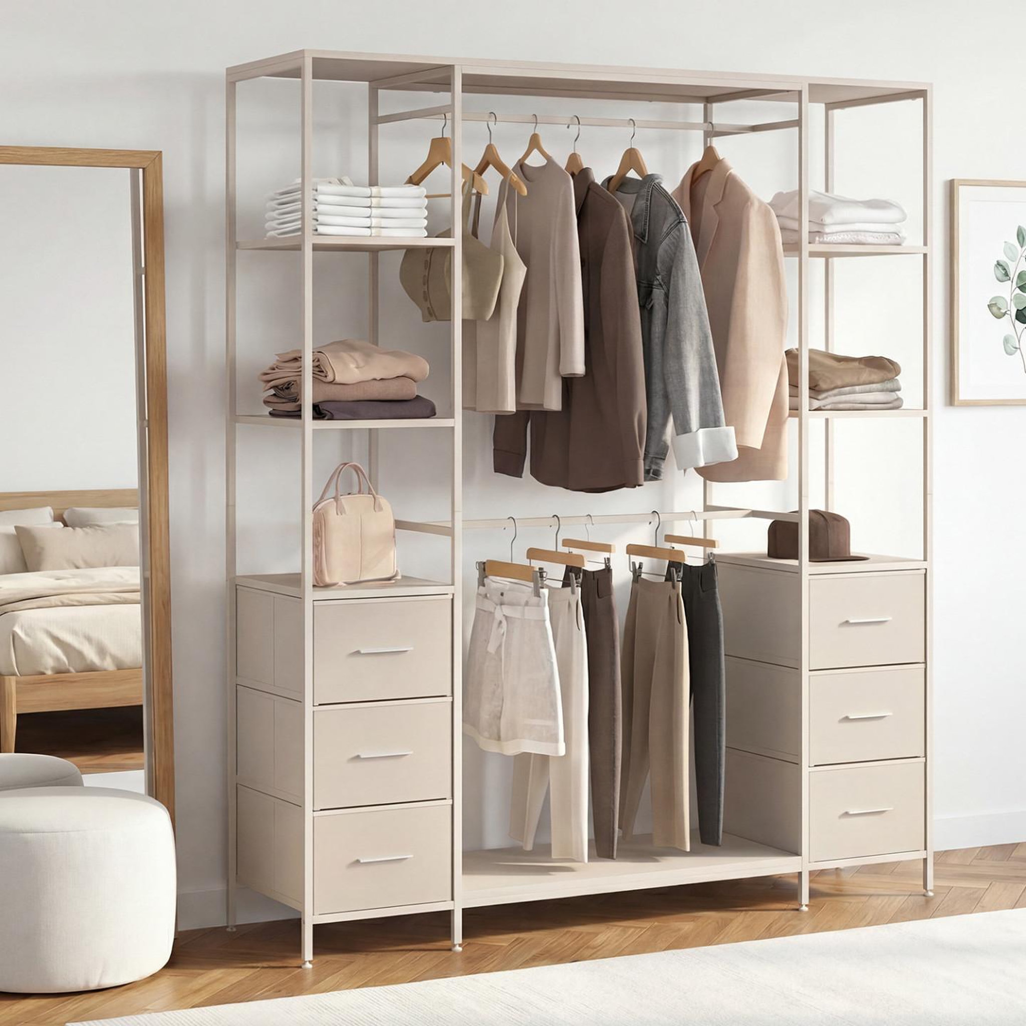 Voir la diapositive 2 : ID MARKET Dressing double penderie + double colonne l. 140 cm utah avec 6 étagères et 6 bacs en tissu beige
