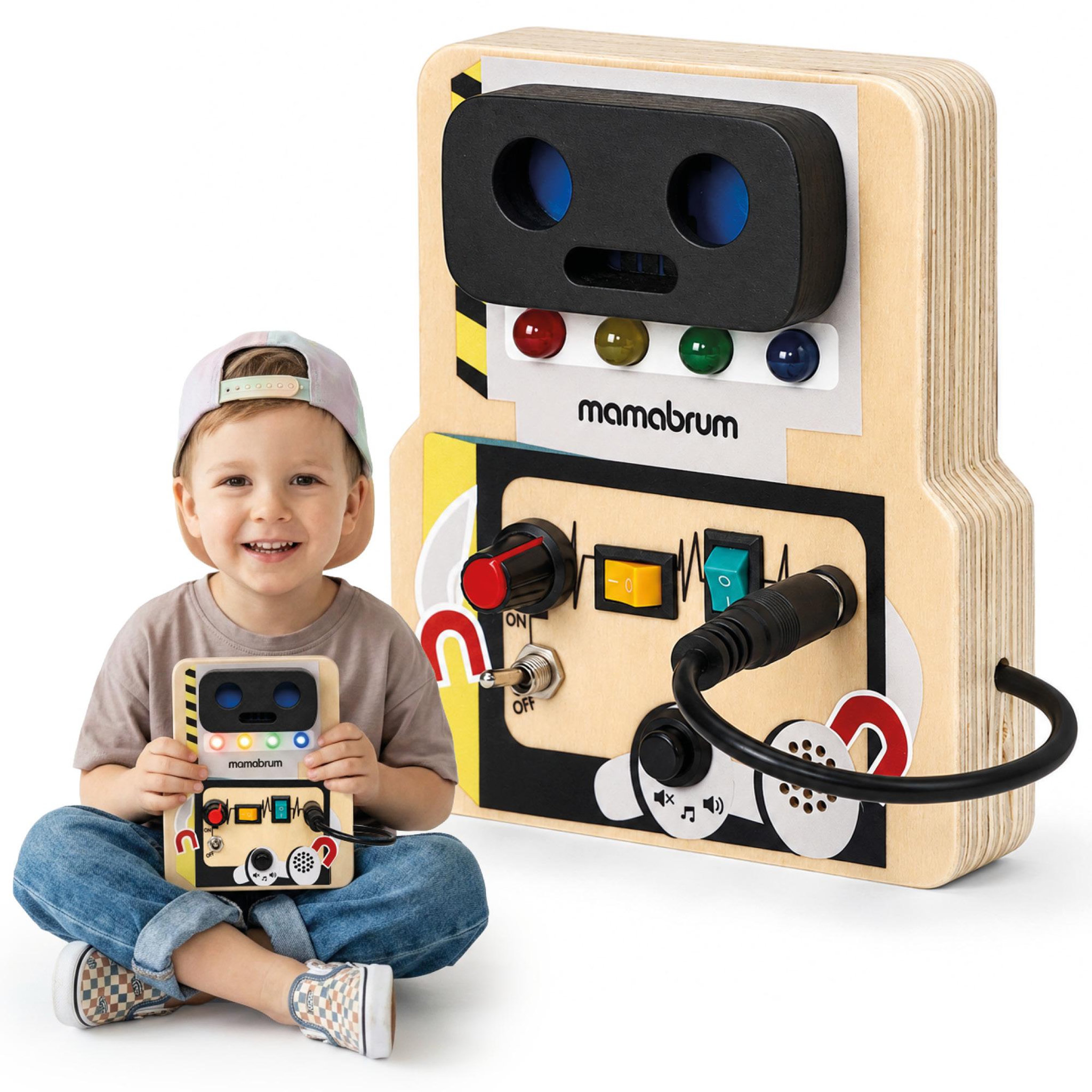 MAMABRUM Tableau Activites Robot Bois Mamabrum Boutons LED Interrupteurs Câble 3 Ans+