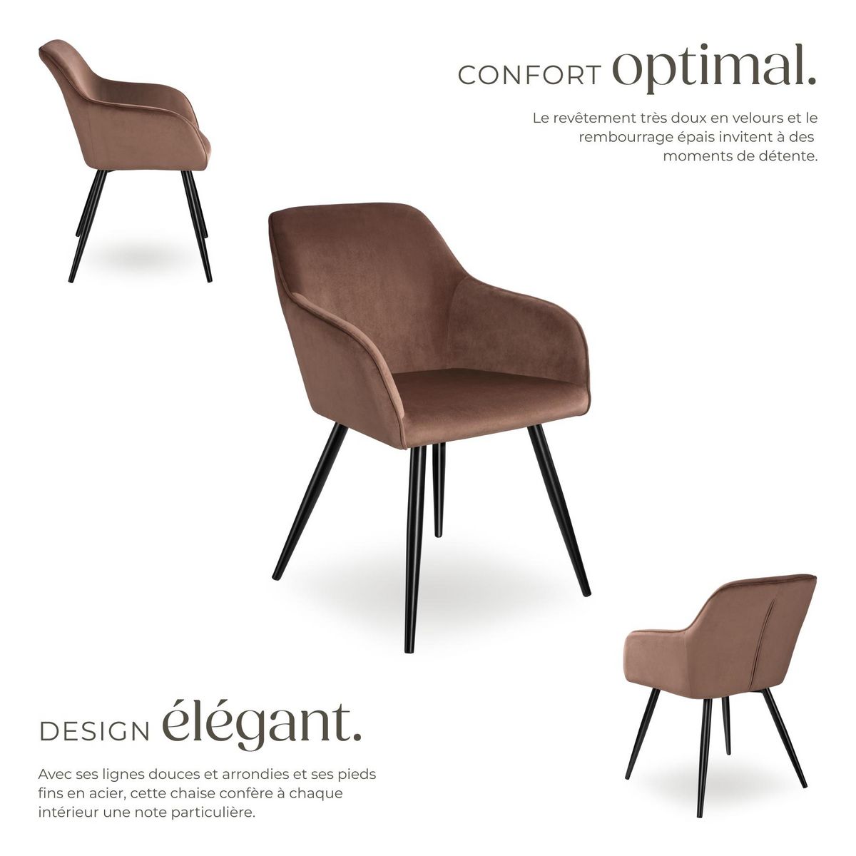 tectake Chaise style scandinave rembourrée aspect velours brun-noir Lot de 6