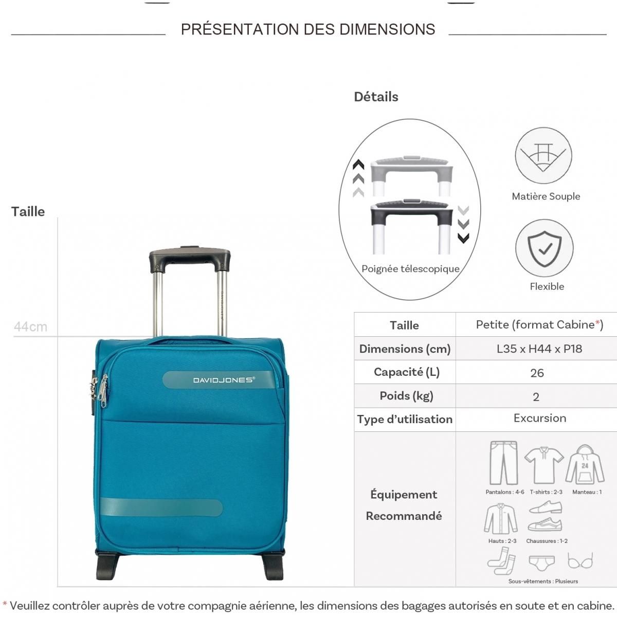 David Jones Valise cabine XS underseat souple 44cm
