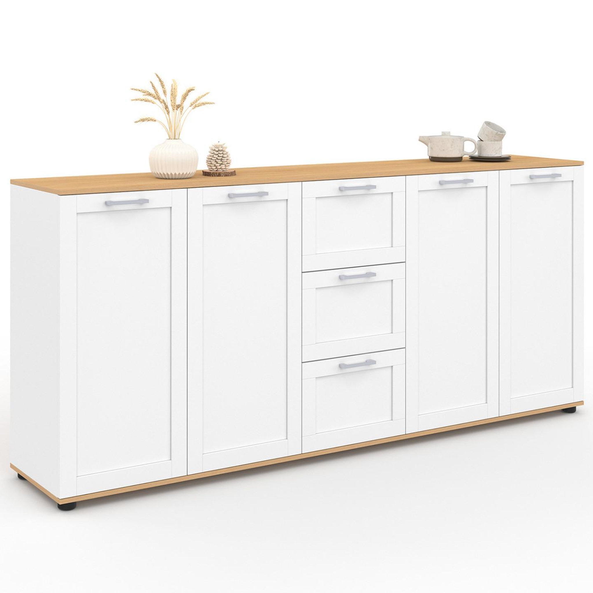 ID MARKET Buffet 180 cm VITO XXL 4 portes avec 3 tiroirs bois et blanc