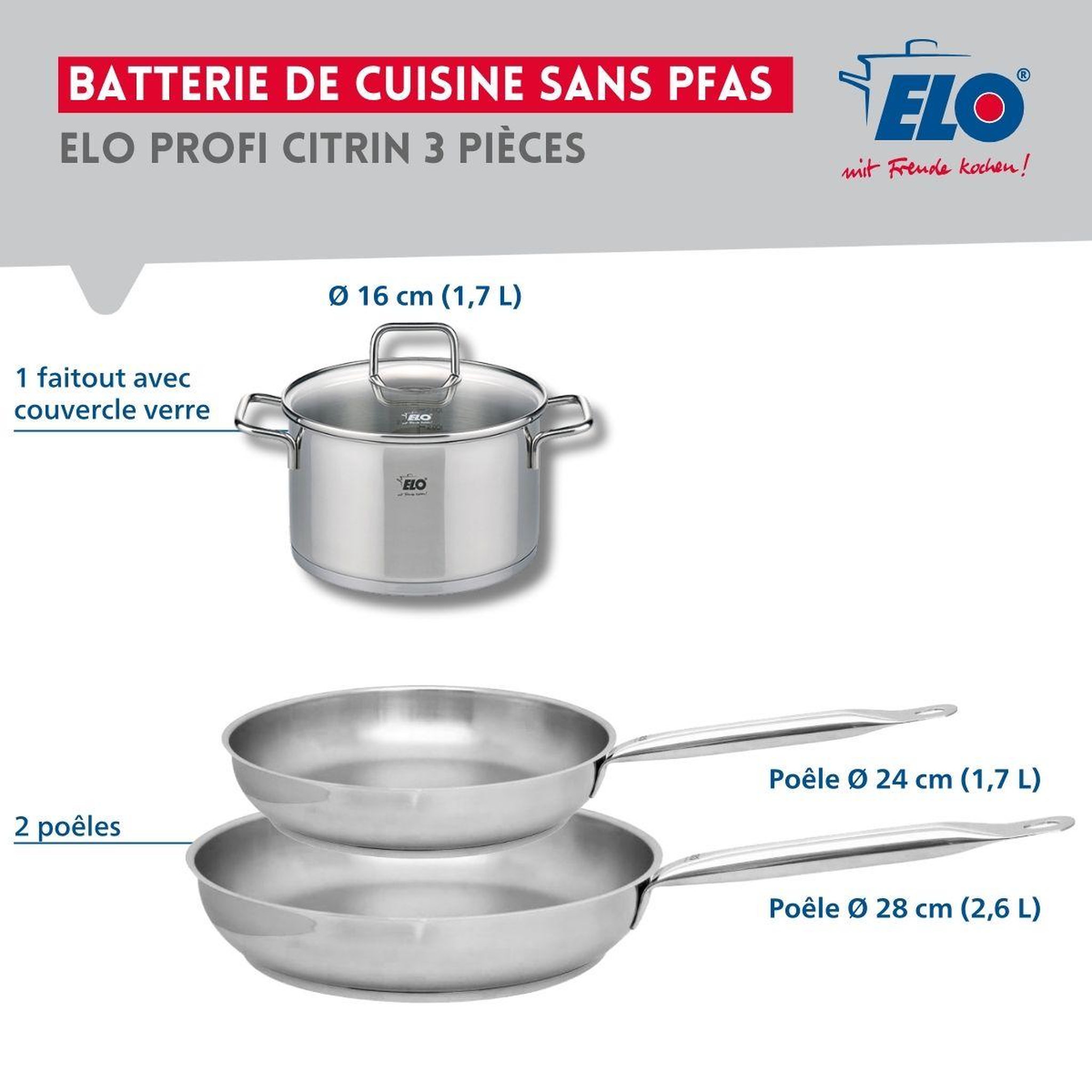 Voir la diapositive 2 : ELO Set de 2 poêles de cuisson 24 et 28 cm et 1 faitout 16 cm elo profi citrin