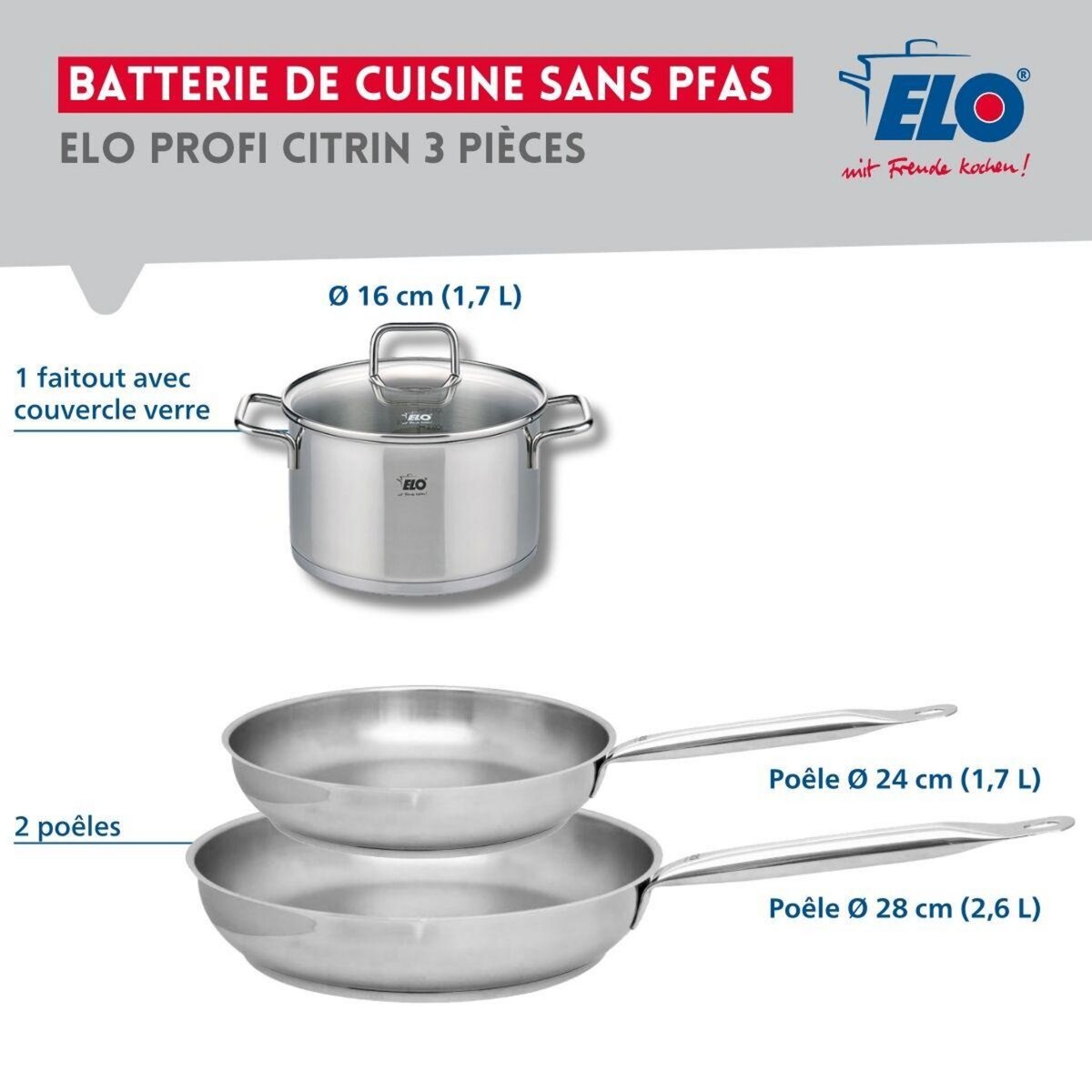 ELO Set de 2 Poêles de cuisson 24 et 28 cm et 1 faitout 16 cm Elo Profi Citrin