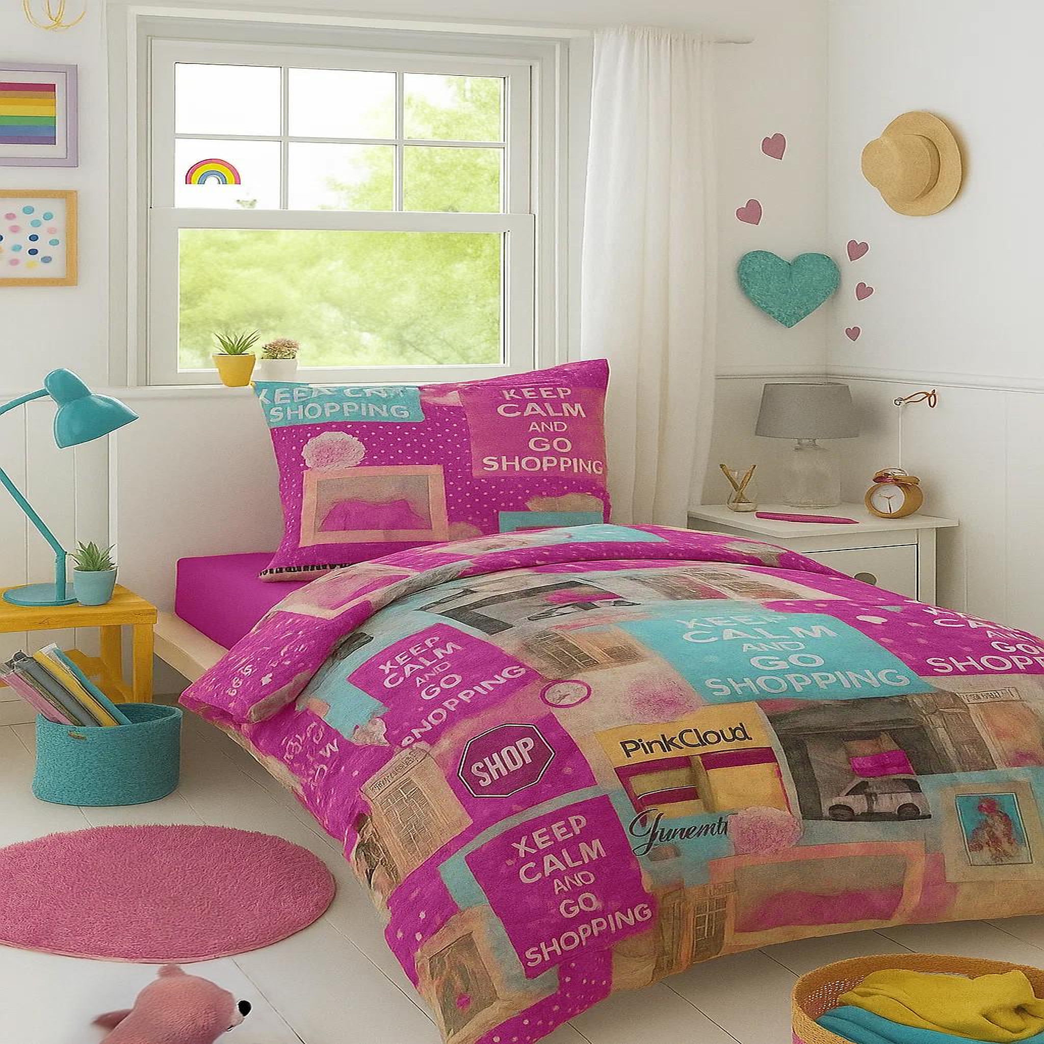 Home collection Parure housse de couette 140x200cm 100%coton happy dessin pink shopping