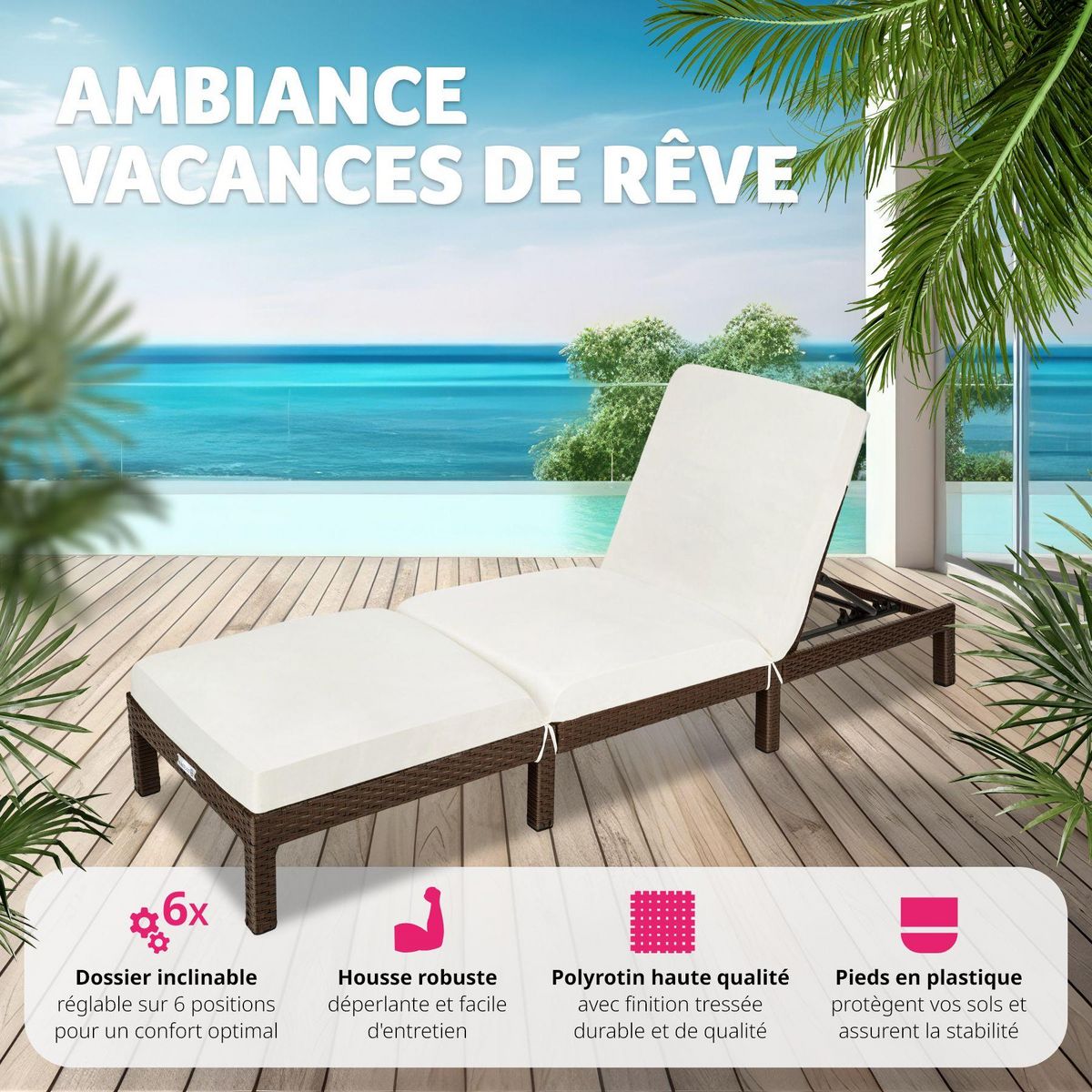 tectake Bain de soleil Transat en rotin Robuste marron