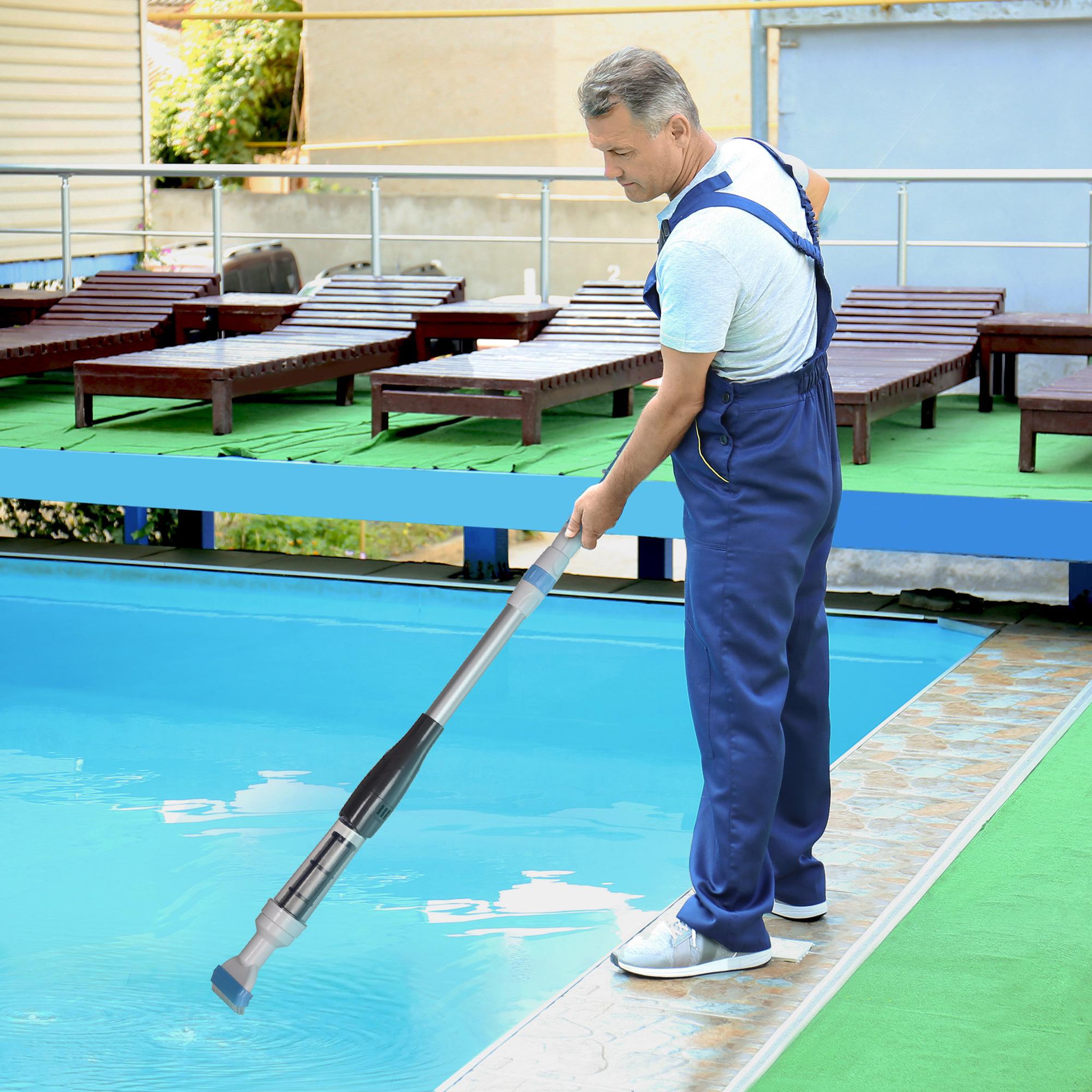Voir la diapositive 2 : OUTSUNNY Aspirateur balai électrique sans fil piscine spa - manche télescopique 106-162 cm - brosse, sac filtrant - ABS alu. - blanc bleu