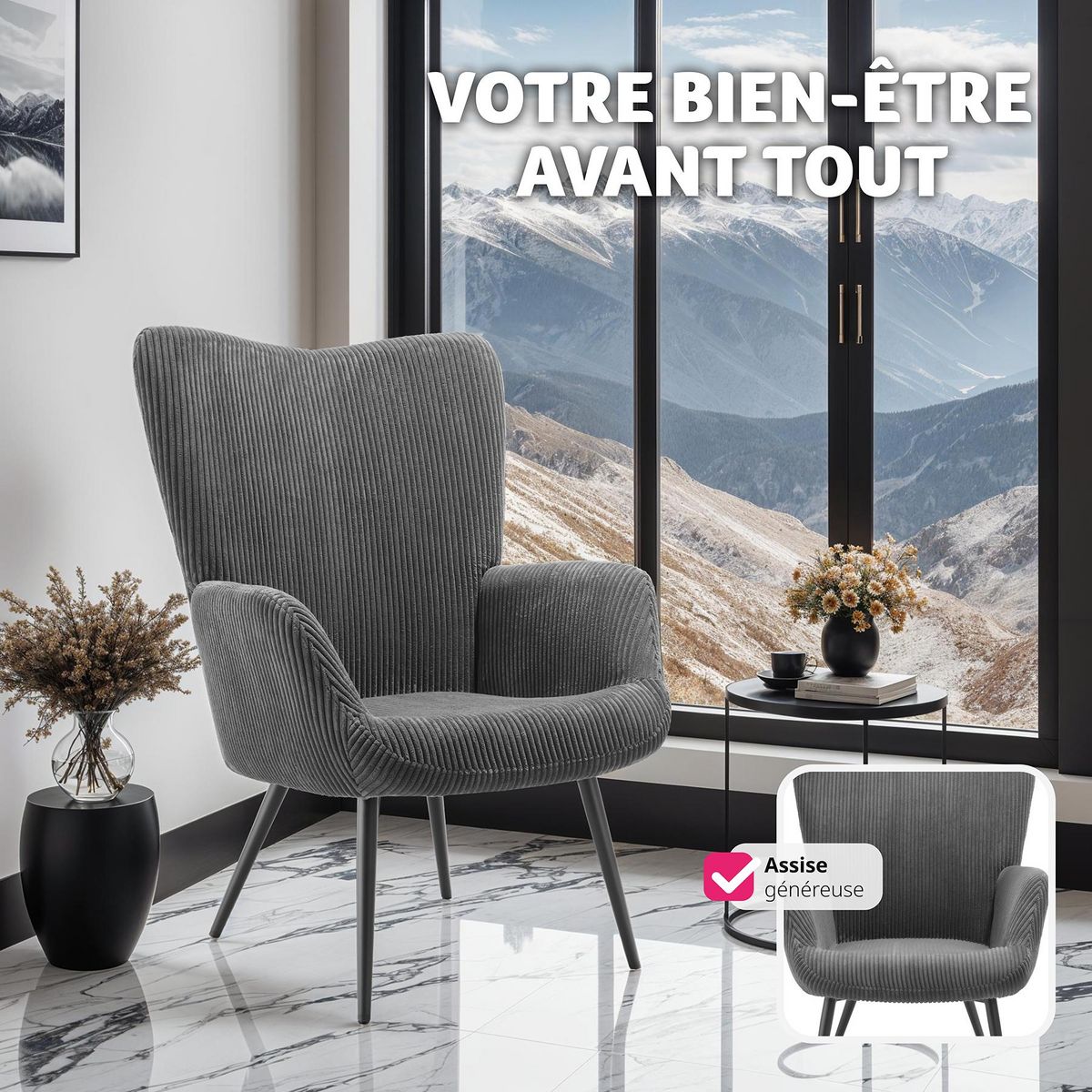 tectake Fauteuil rembourré Velours côtelé large anthracite/noir