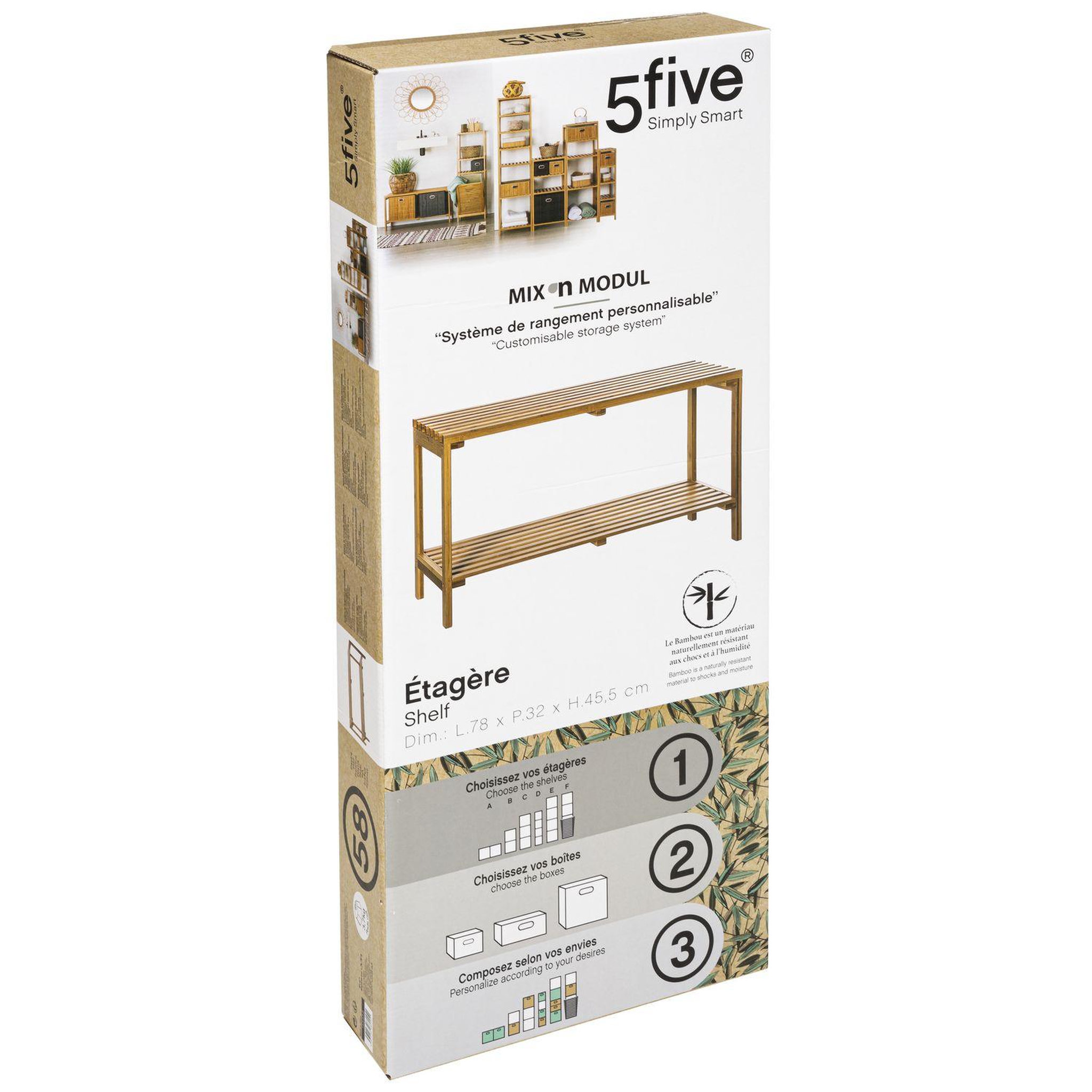 Voir la diapositive 3 : FIVE Etagère 2 Niveaux en Bambou - Longueur 78 cm - Beige