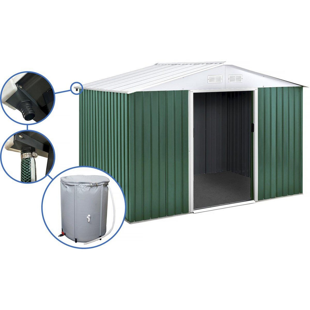 Habitat et Jardin Abri de jardin métal -  Rosas   - 7,06 m² avec récupérateur d'eau et gouttière - Vert
