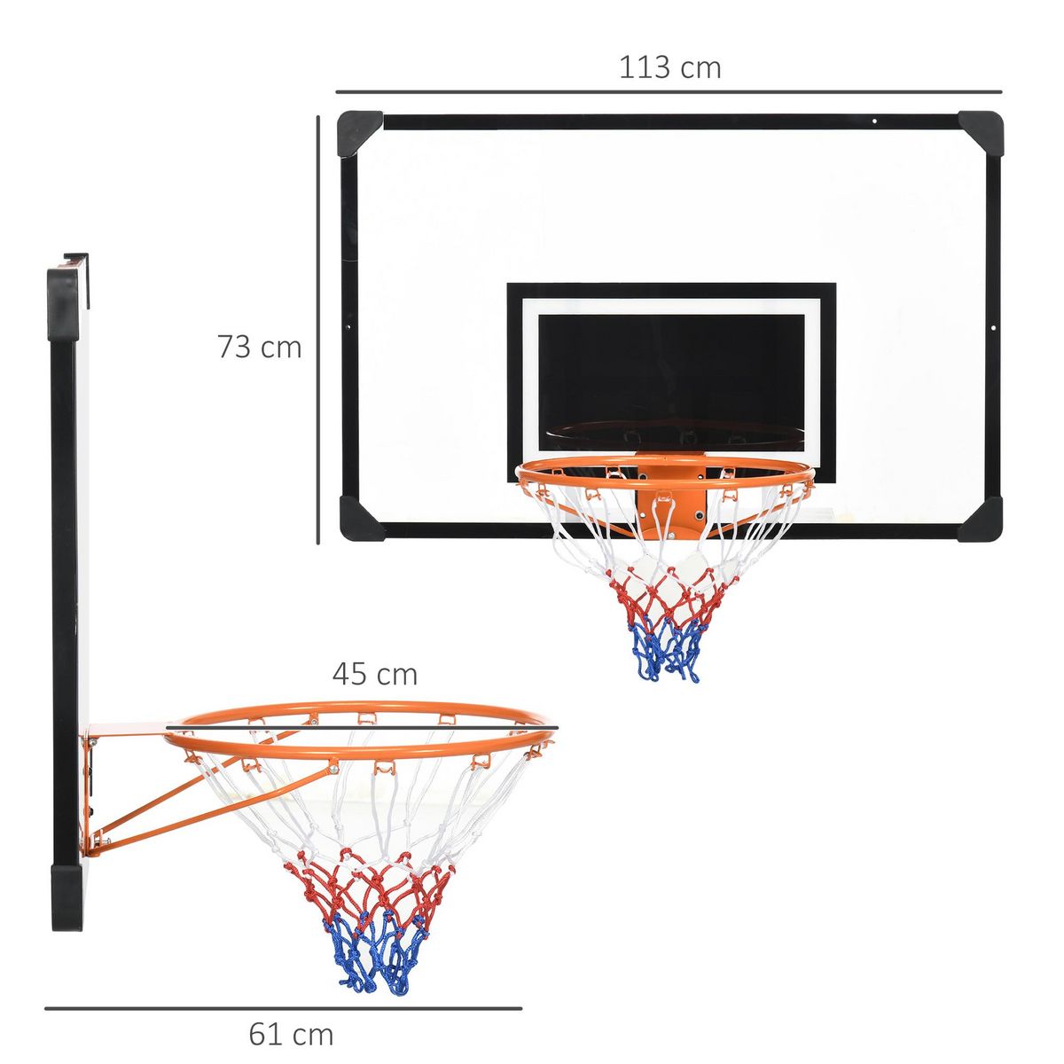 HOMCOM Panier de basketball mural - kit d'installation inclus - acier polycarbonate noir transparent