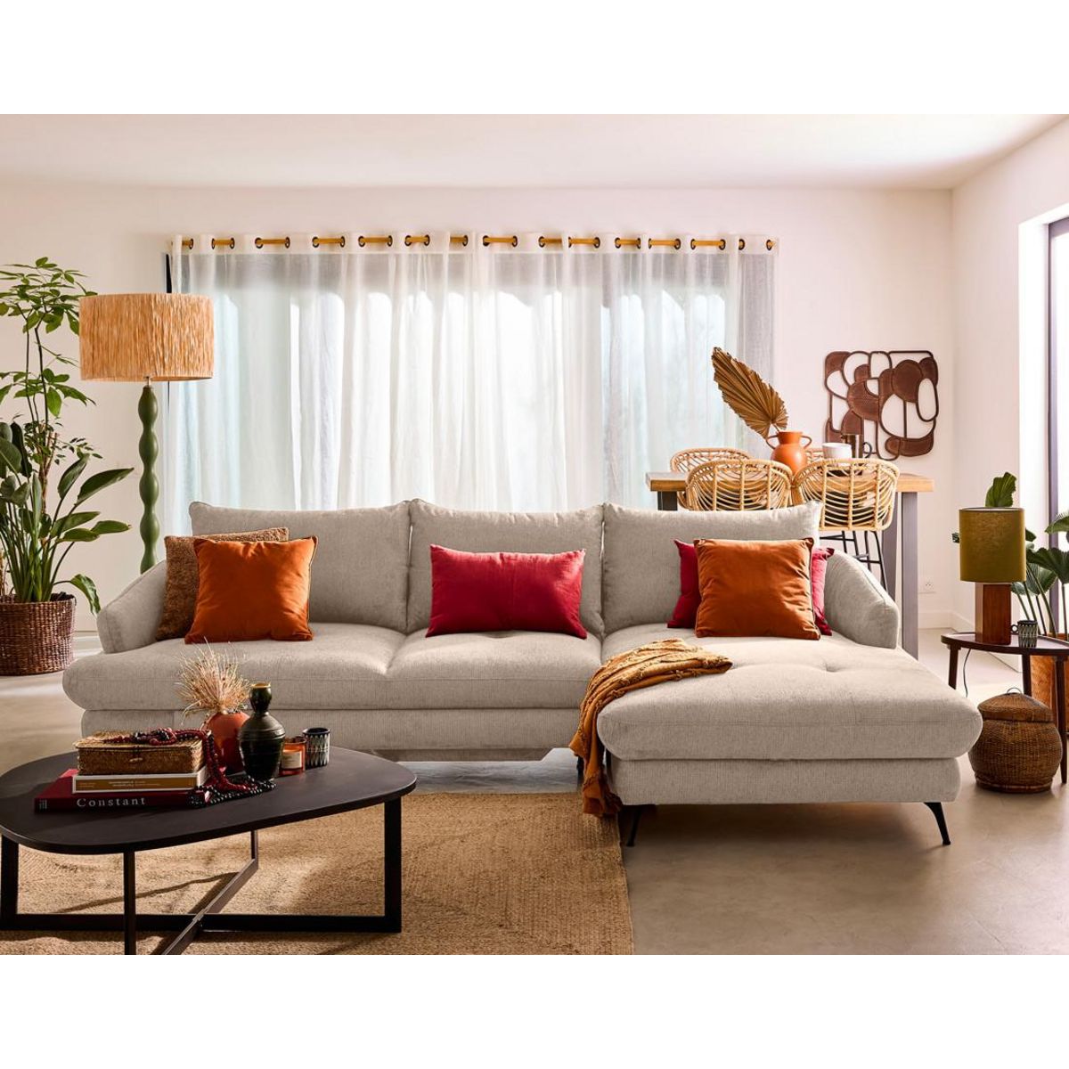 LISA DESIGN Ninon - canapé d'angle droit 4 places convertible avec coffre en tissu texturé