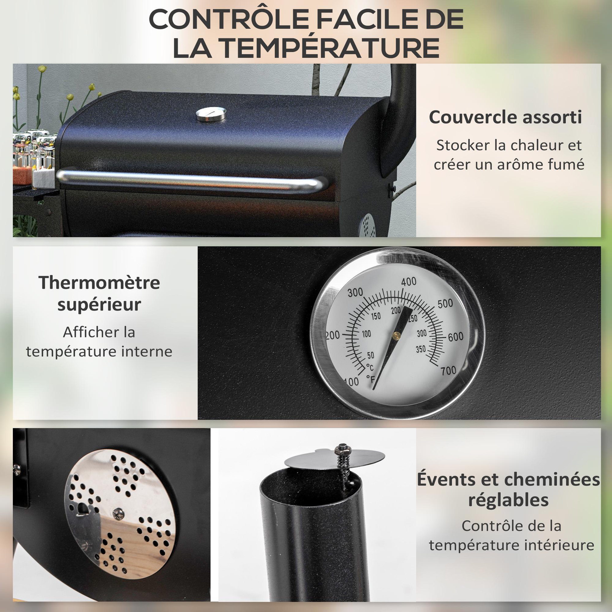 Voir la diapositive 5 : OUTSUNNY Barbecue charbon de bois avec couvercle 2 roues tablette pliable étagère cheminée thermomètre grilles acier chromée