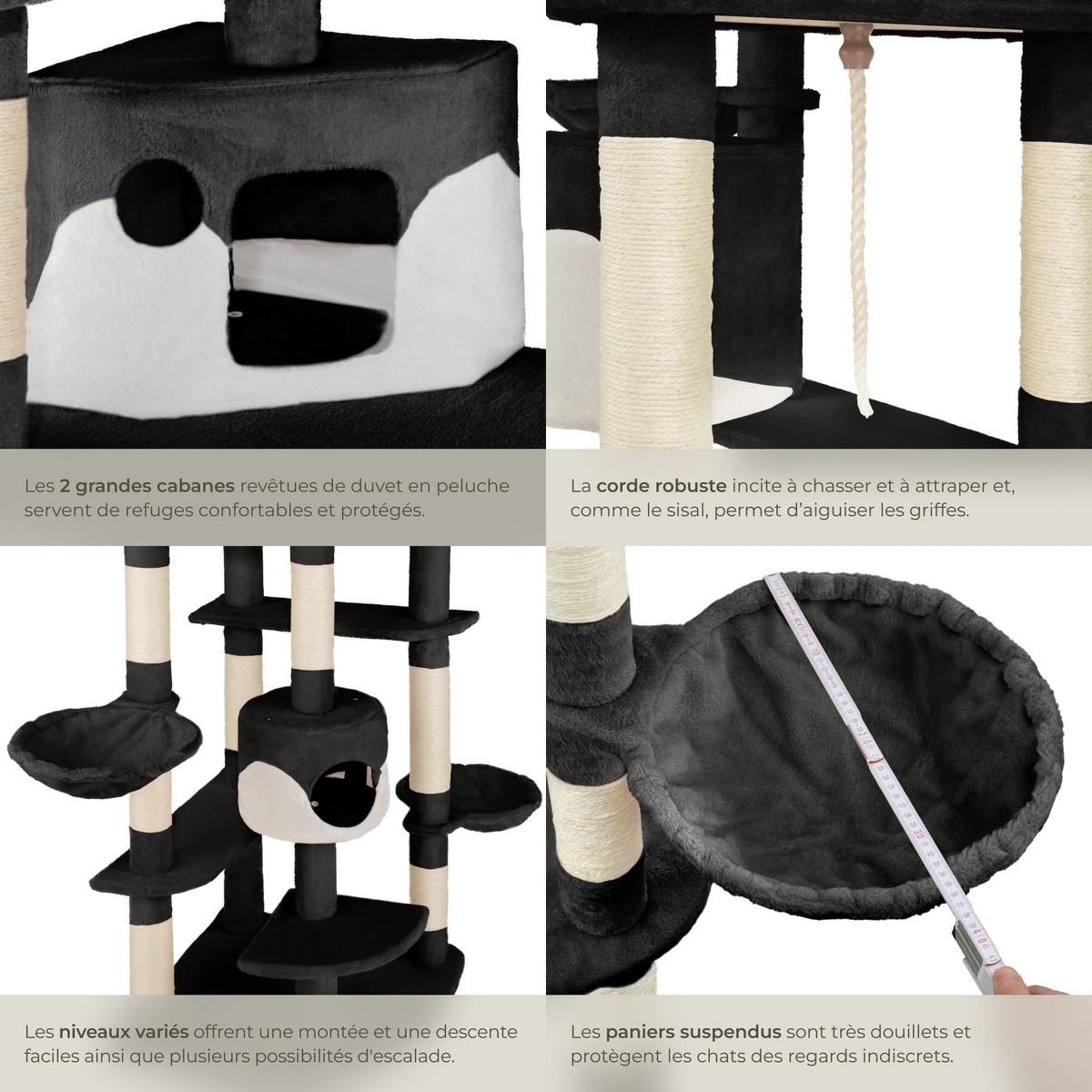 tectake Arbre à chat 204 cm avec griffoir et plateforme d'escalade noir/blanc