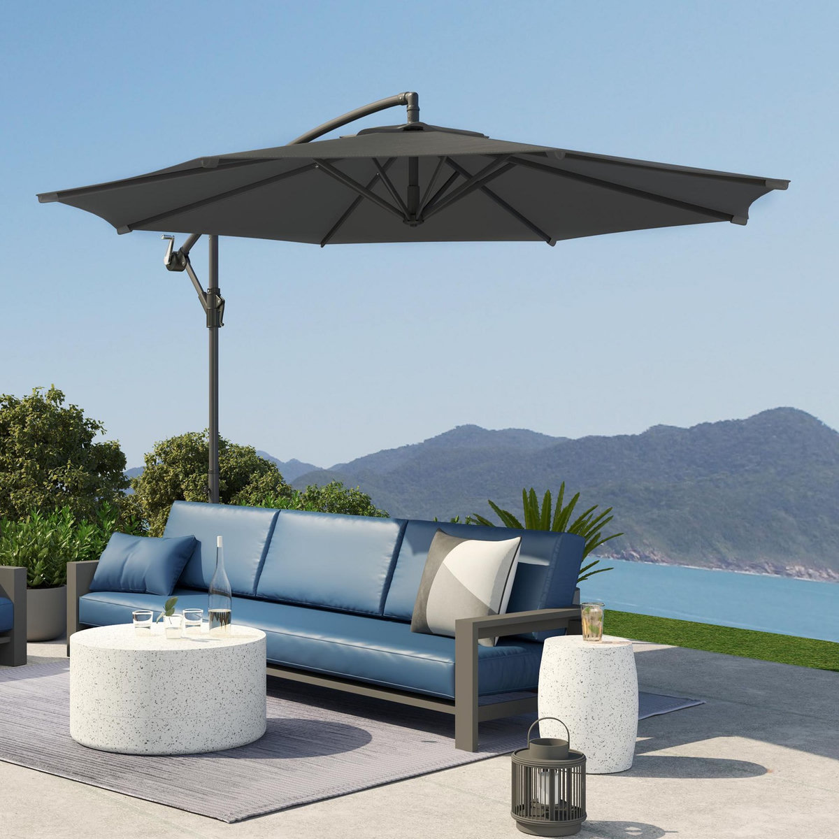 OUTSUNNY Parasol déporté octogonal inclinable rabattable diamètre 2,97 m parasol de jardin avec pied en croix anthracite