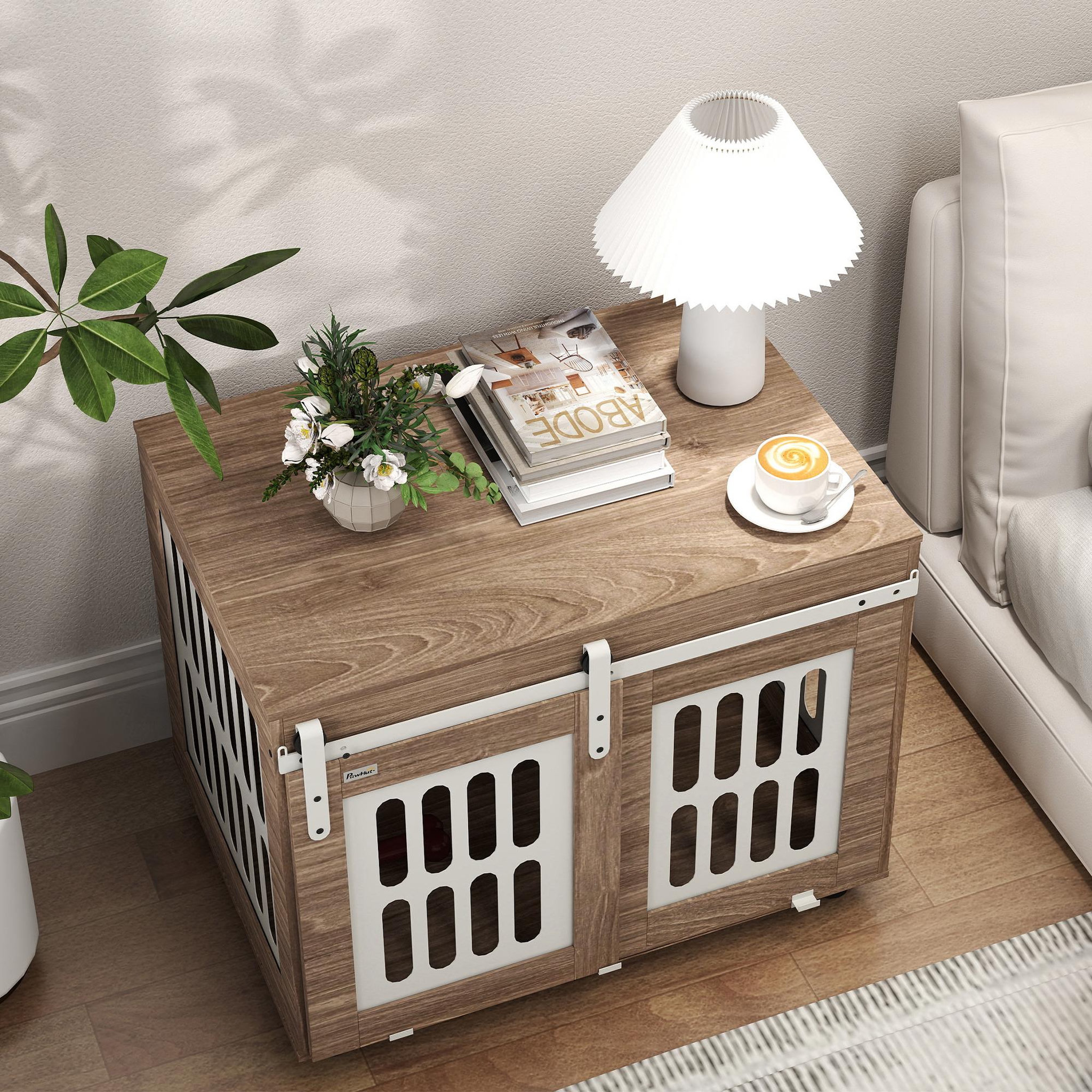 Voir la diapositive 4 : PAWHUT Cage pour chien en bois - porte coulissante verrouillable - dim. 80 x 59 x 63 cm - acier beige effet bois noyer
