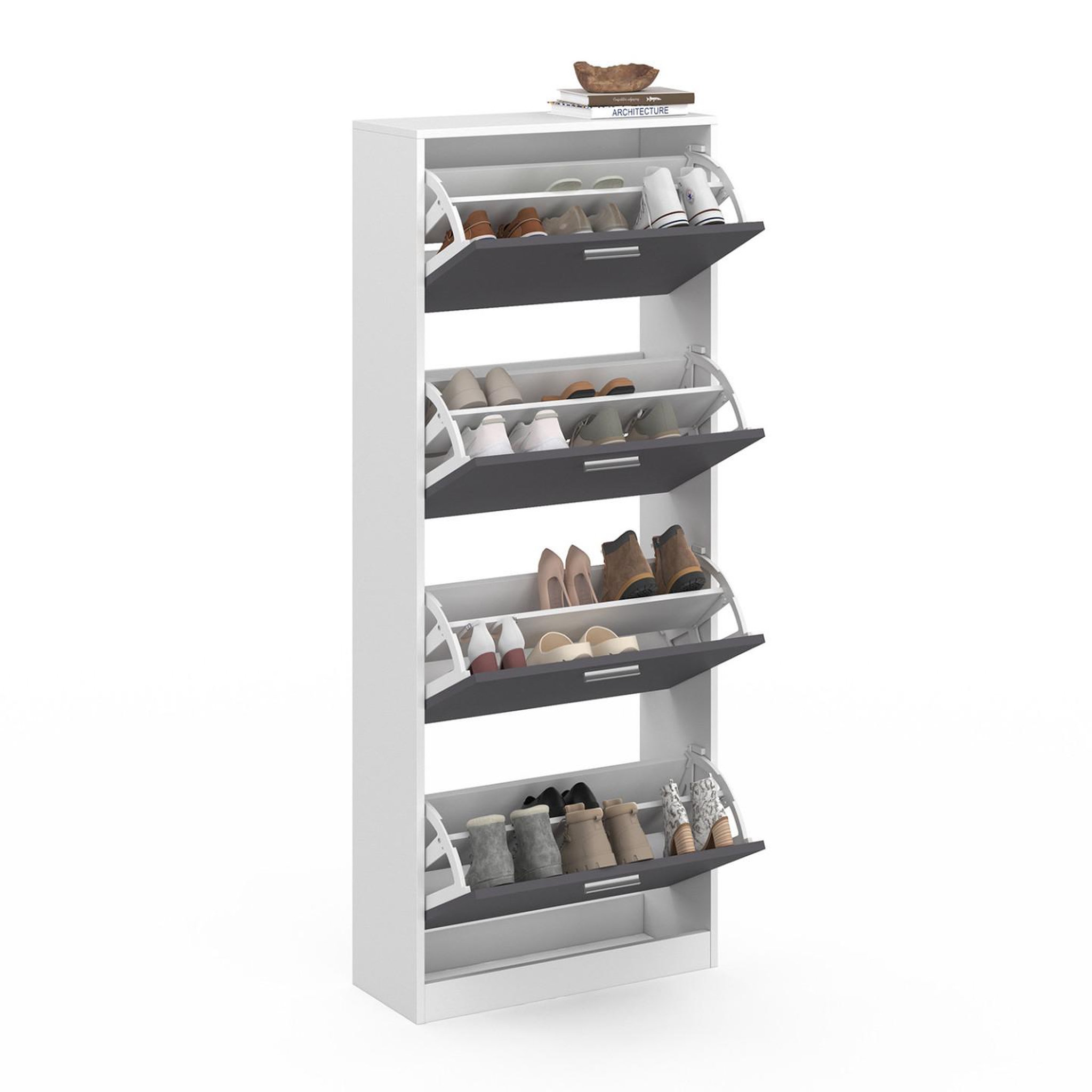 Voir la diapositive 4 : ID MARKET Meuble à chaussures 24 paires klark blanc 4 portes gris clair