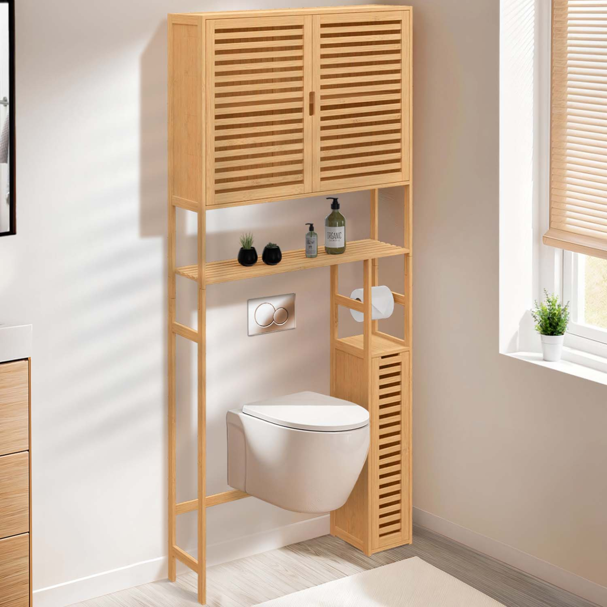 Voir la diapositive 2 : ID MARKET Meuble wc 3 en 1 avec armoires de rangement bambou bea