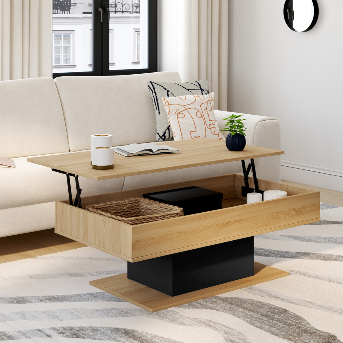 ID MARKET Table basse plateau relevable rectangulaire EDEN bois et noir