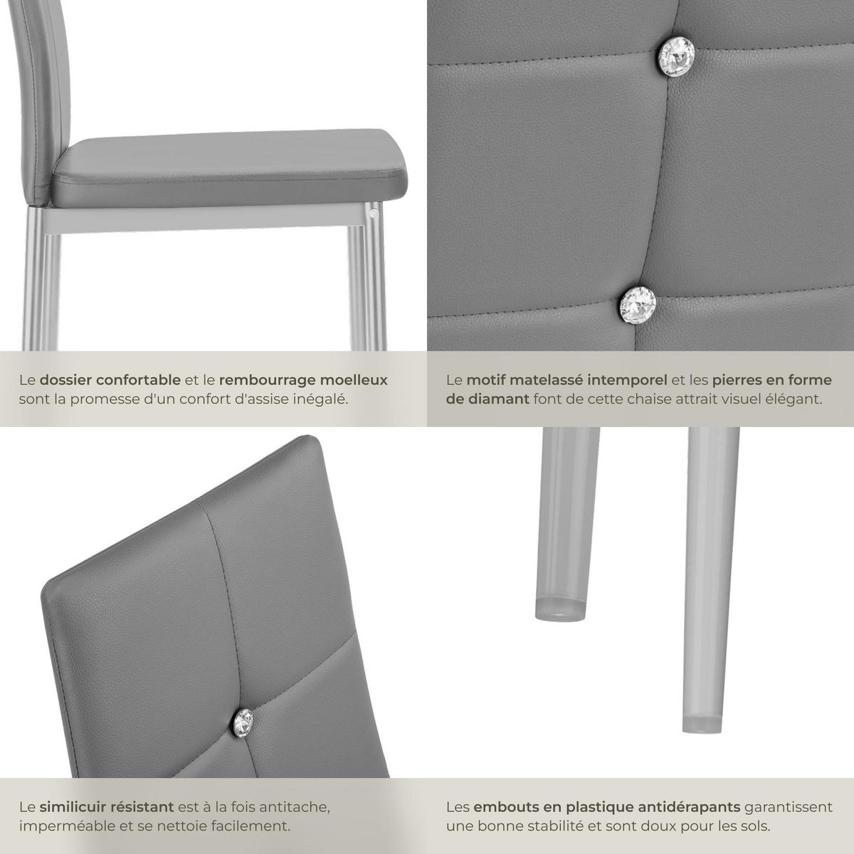 tectake Ensemble de chaises de salle à manger rembourré avec revêtement aspect cuir gris Lot de 8