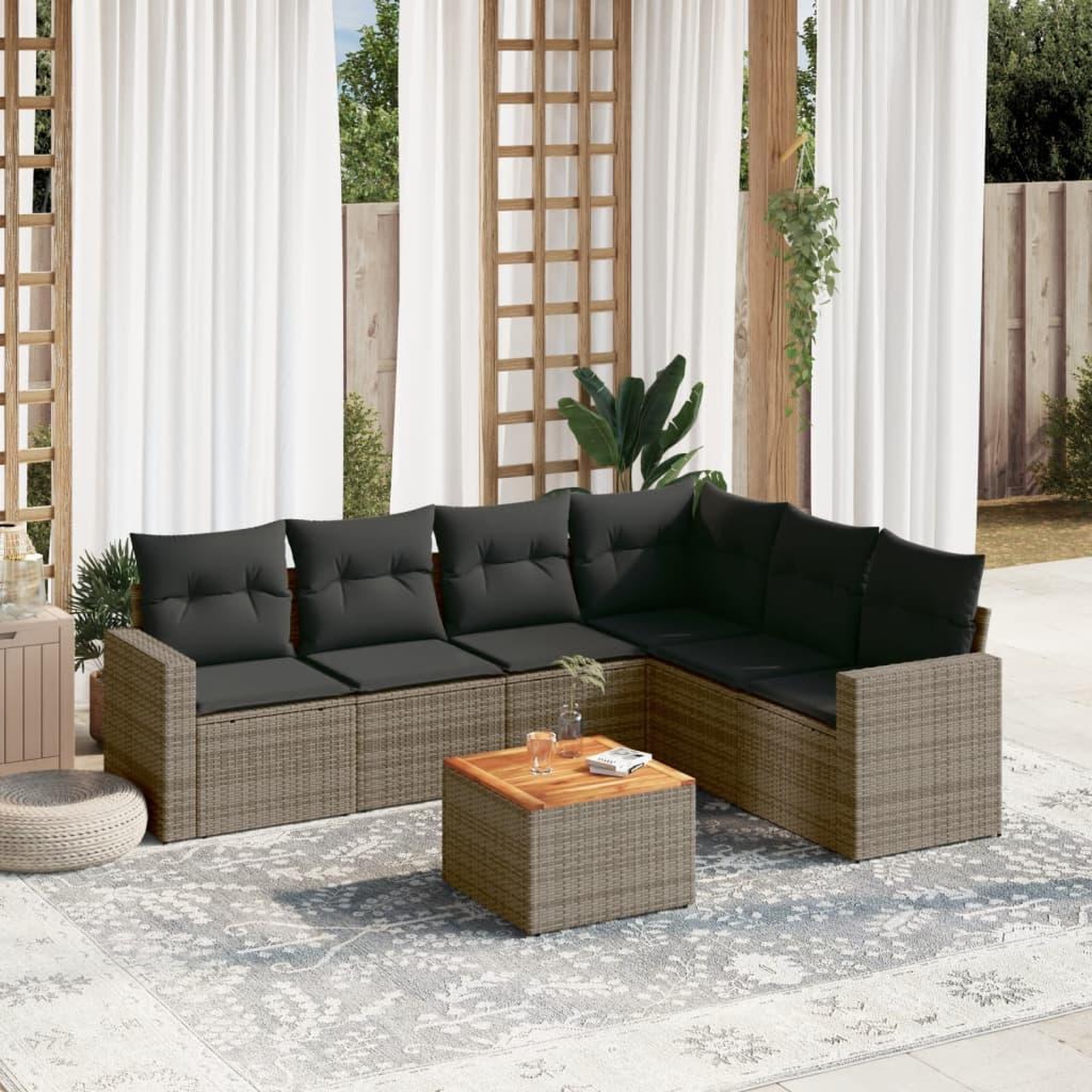 VIDAXL Salon de jardin avec coussins 7 pcs gris resine tressee