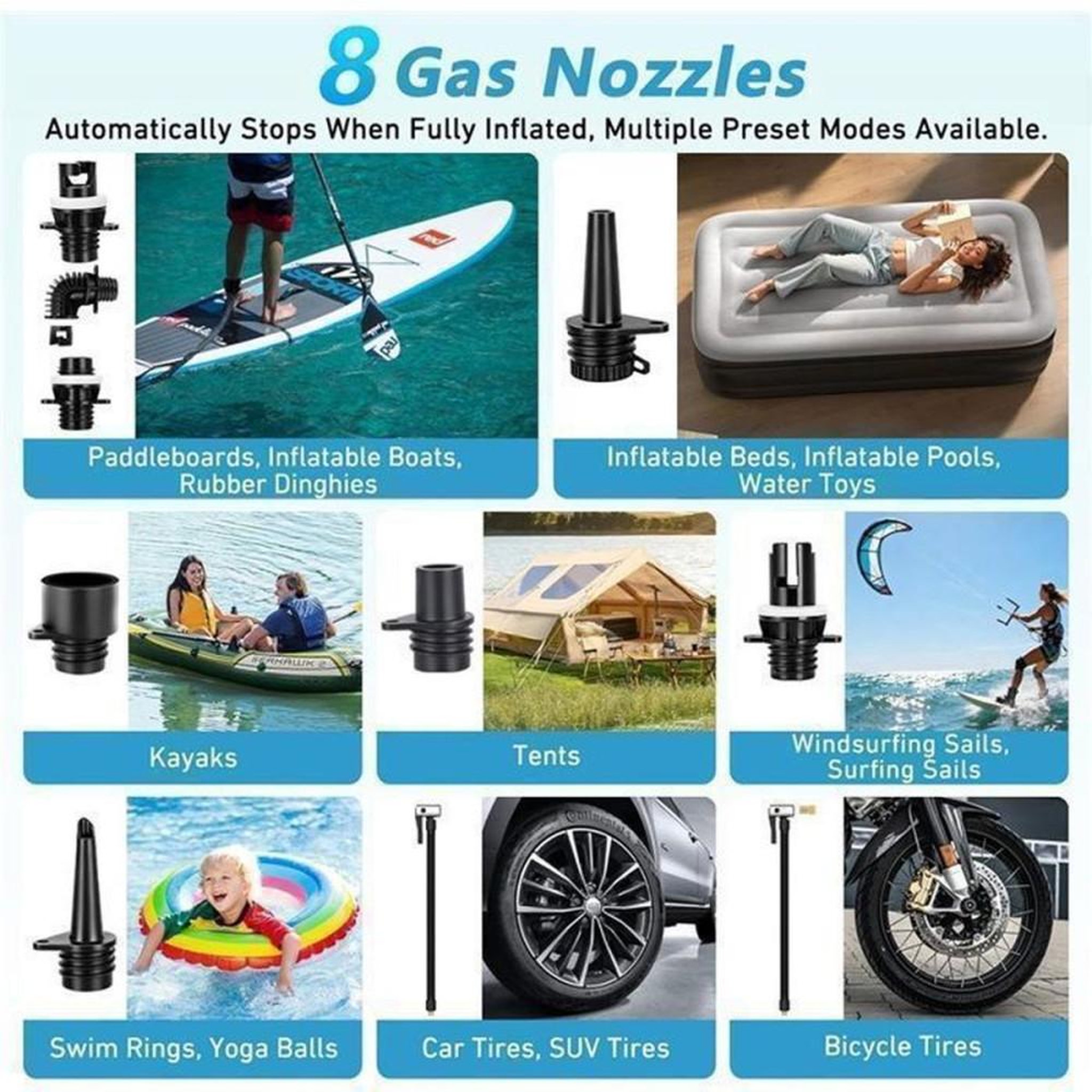 Voir la diapositive 5 : Pompe à air portable 60 PSI 12V/120W rechargeable Wild Stride, écran LED, arrêt automatique, fonction dégonflage rapide, 8 embouts