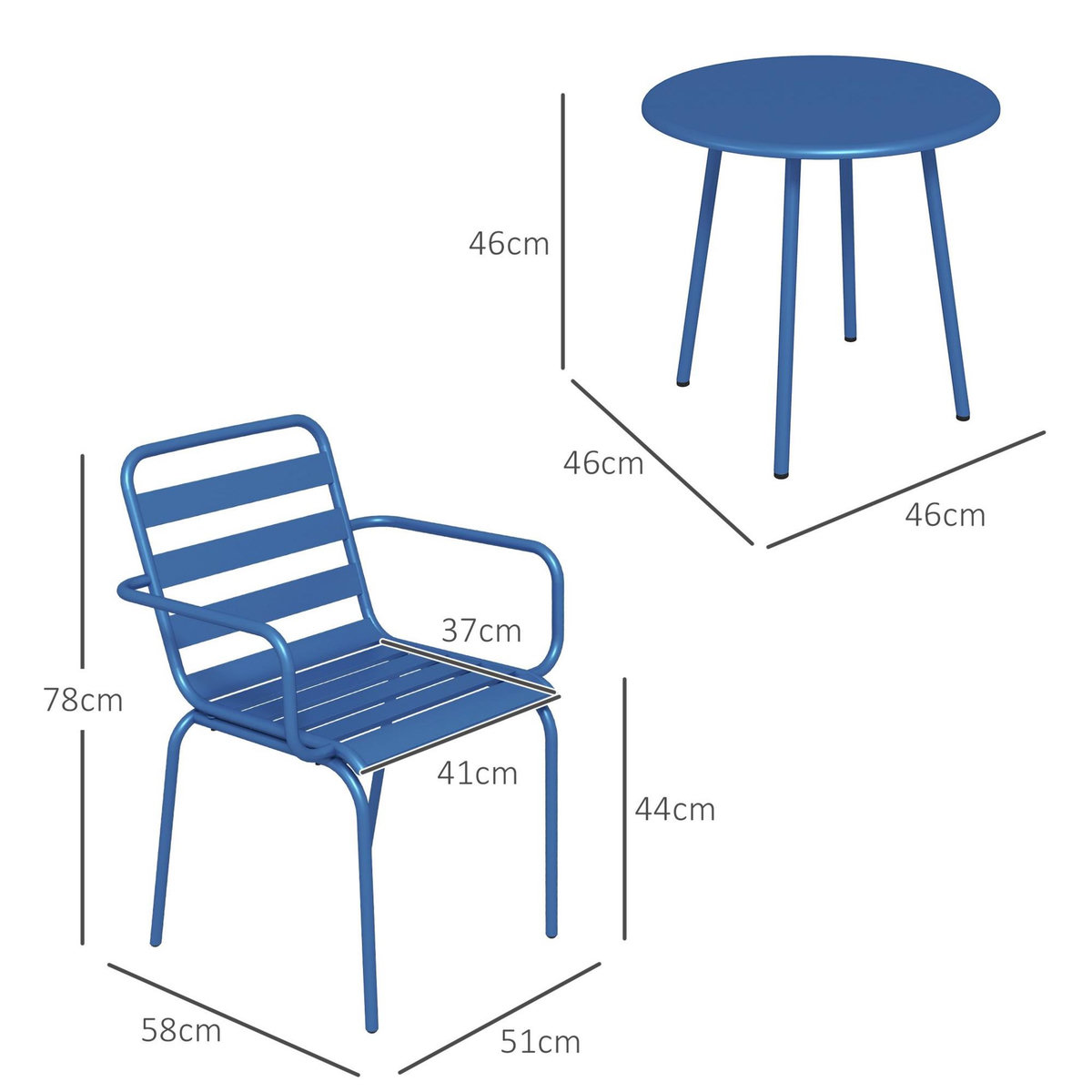 OUTSUNNY Salon de jardin bistro - table basse ronde Ø 60 cm 2 chaises empilables - acier thermolaqué bleu