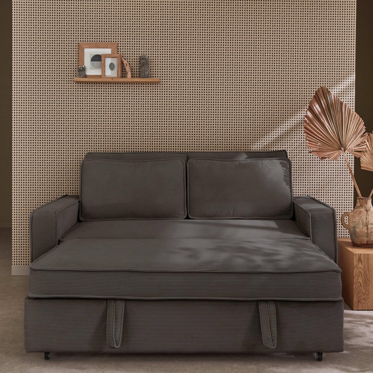 SWEEEK Canapé convertible 3 places gris velours côtelé. banquette. lit. canapé