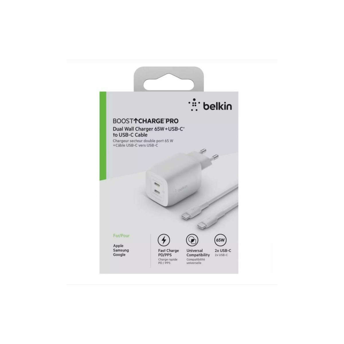 Belkin Chargeur secteur USB C x2 65W GaN PPS + Cable USB-C 2m
