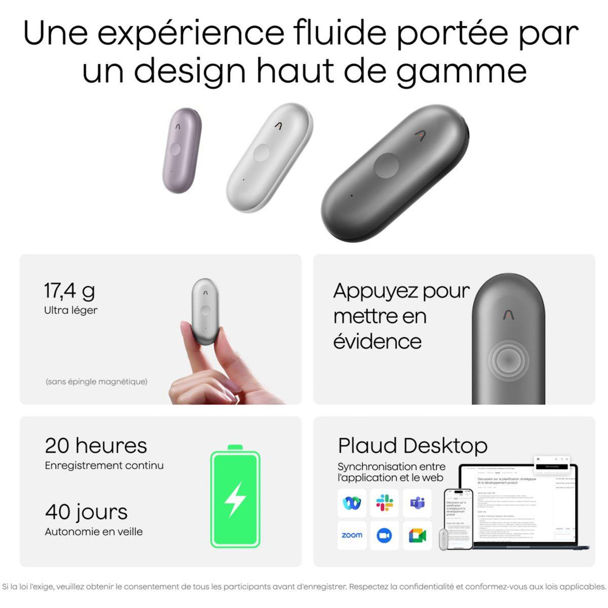 PLAUD DICTAPHONE Note Pin S Argent