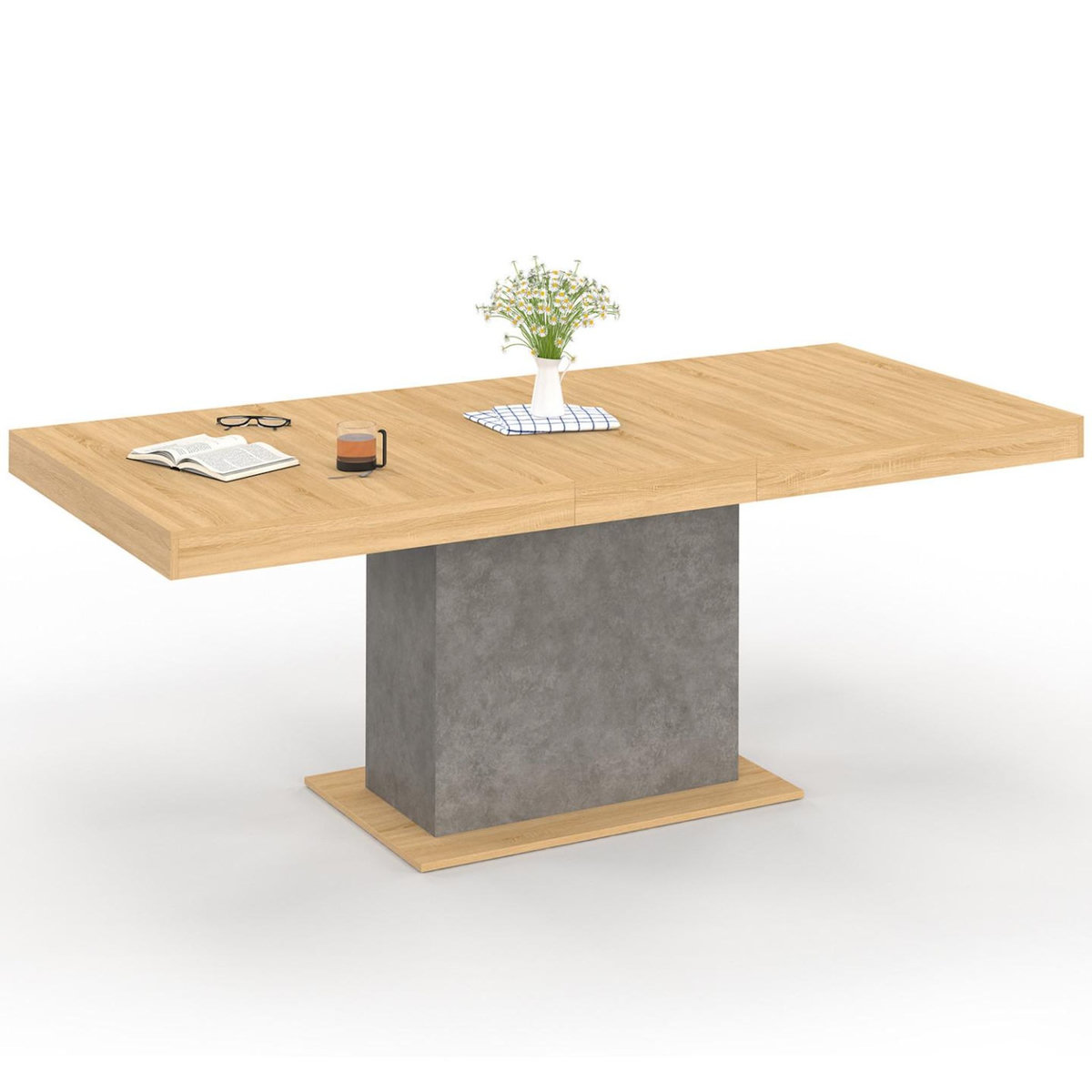 ID MARKET Table à manger extensible rectangle EDEN 6-10 personnes bois et effet béton 160-200 cm