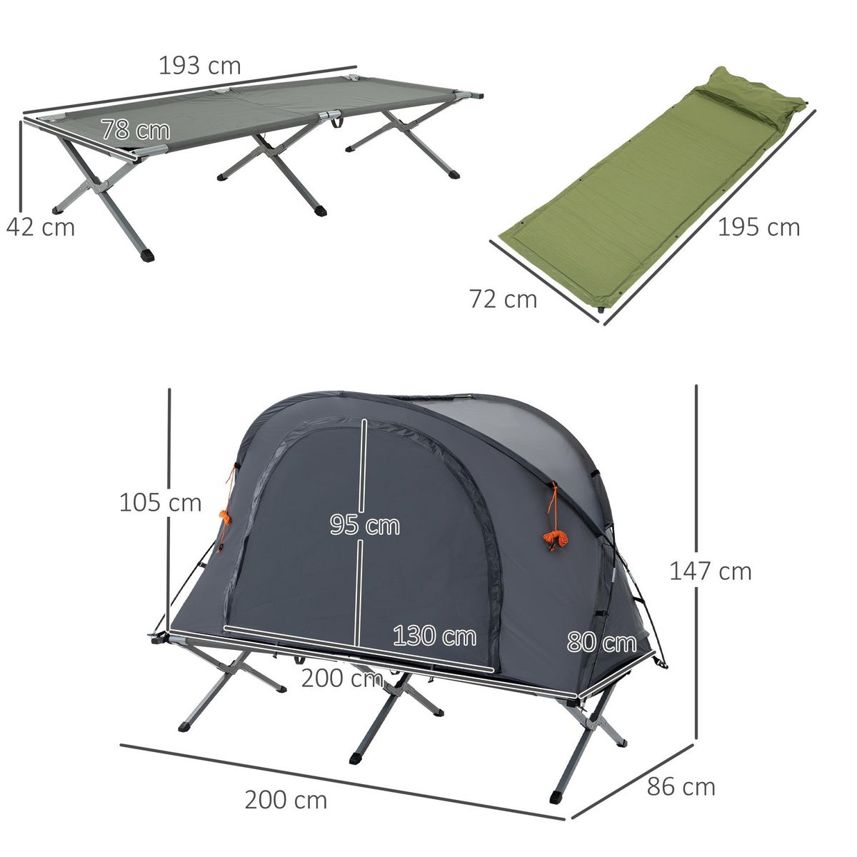 OUTSUNNY Ensemble tente de camping 3 en 1 avec lit de camp, tente, matelas gonflable gris