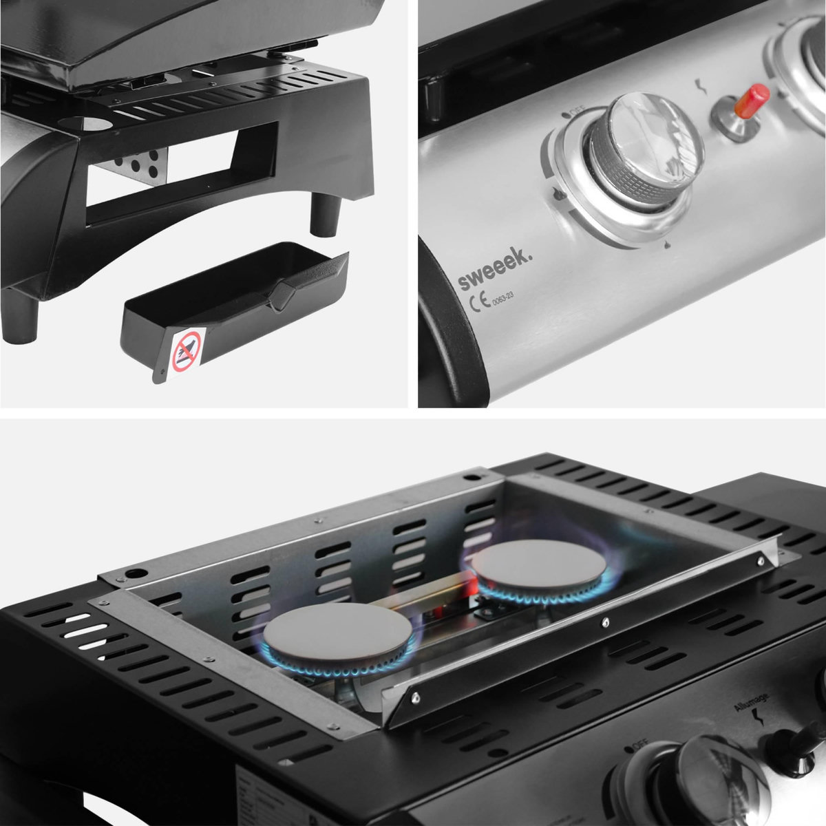 SWEEEK Plancha au gaz 2 brûleurs sur chariot - Porthos - 5kW. plancha à gaz avec desserte . cuisine extérieure. plaque émaillée. inox. barbecue