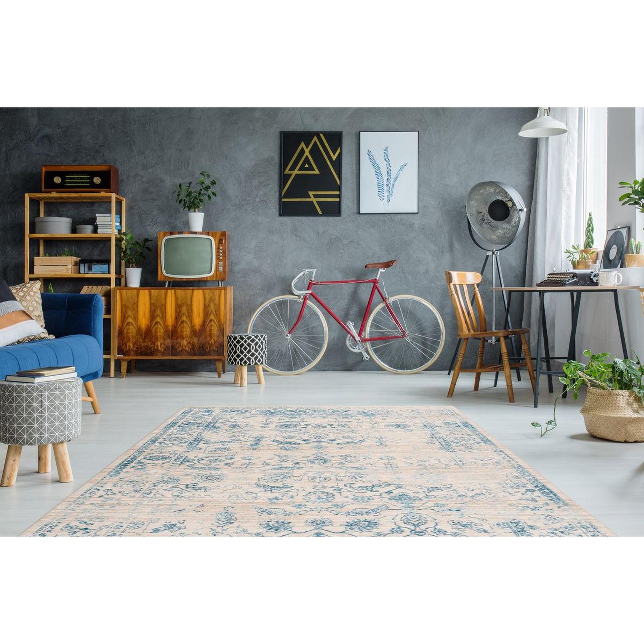Voir la diapositive 2 : Paris Prix Tapis Vintage à Poils Courts  Baroque VI  Bleu