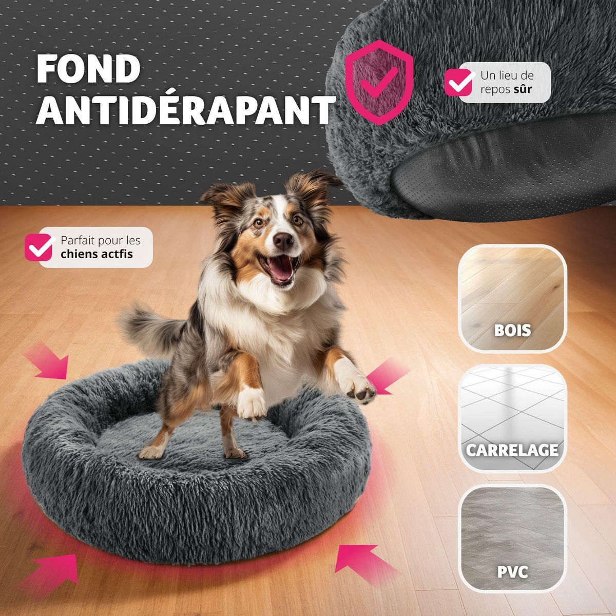 tectake Panier pour chien rond avec maille peluche longue gris Ø 70 cm