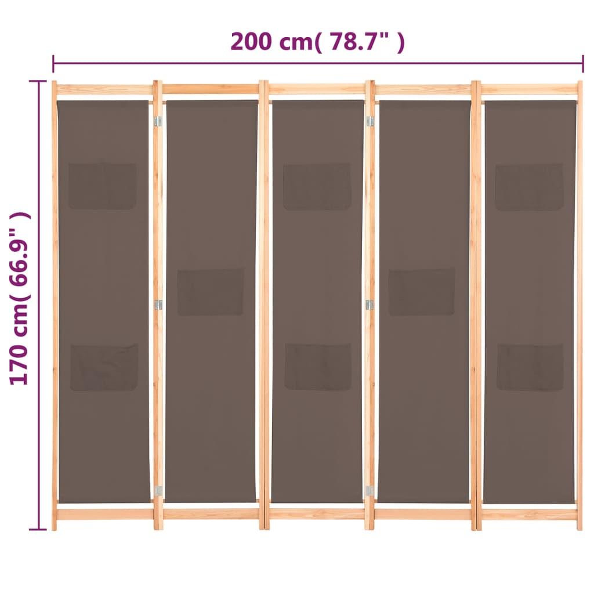 Voir la diapositive 6 : VIDAXL Cloison de separation 5 panneaux Marron 200 x 170 x 4 cm Tissu