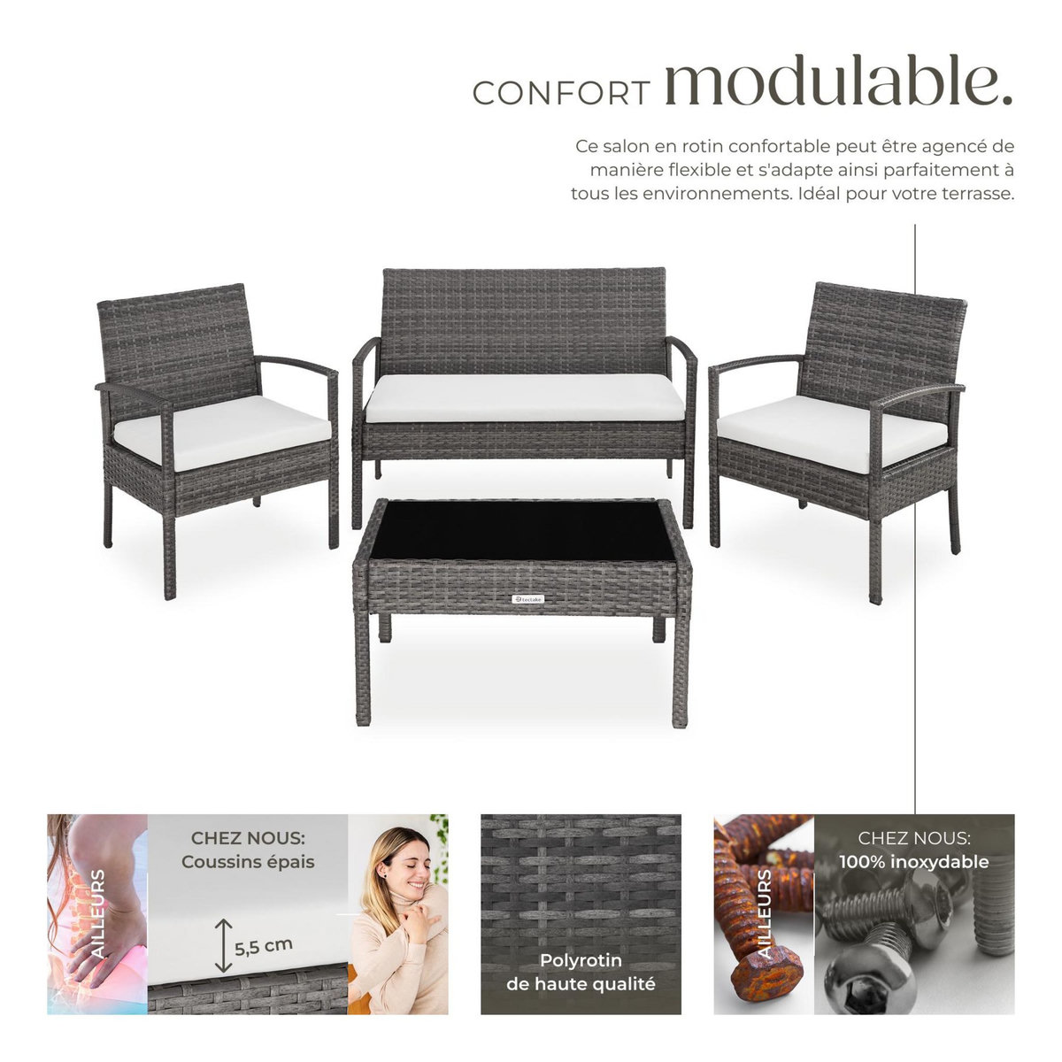tectake Salon de jardin pour 4 personnes gris