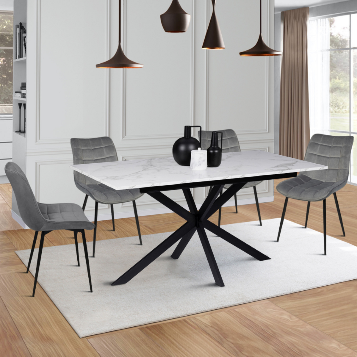 ID MARKET Table à manger extensible rectangle ALIX 6-10 personnes pied araignée noir plateau effet marbre blanc ALASKA 160-200 cm