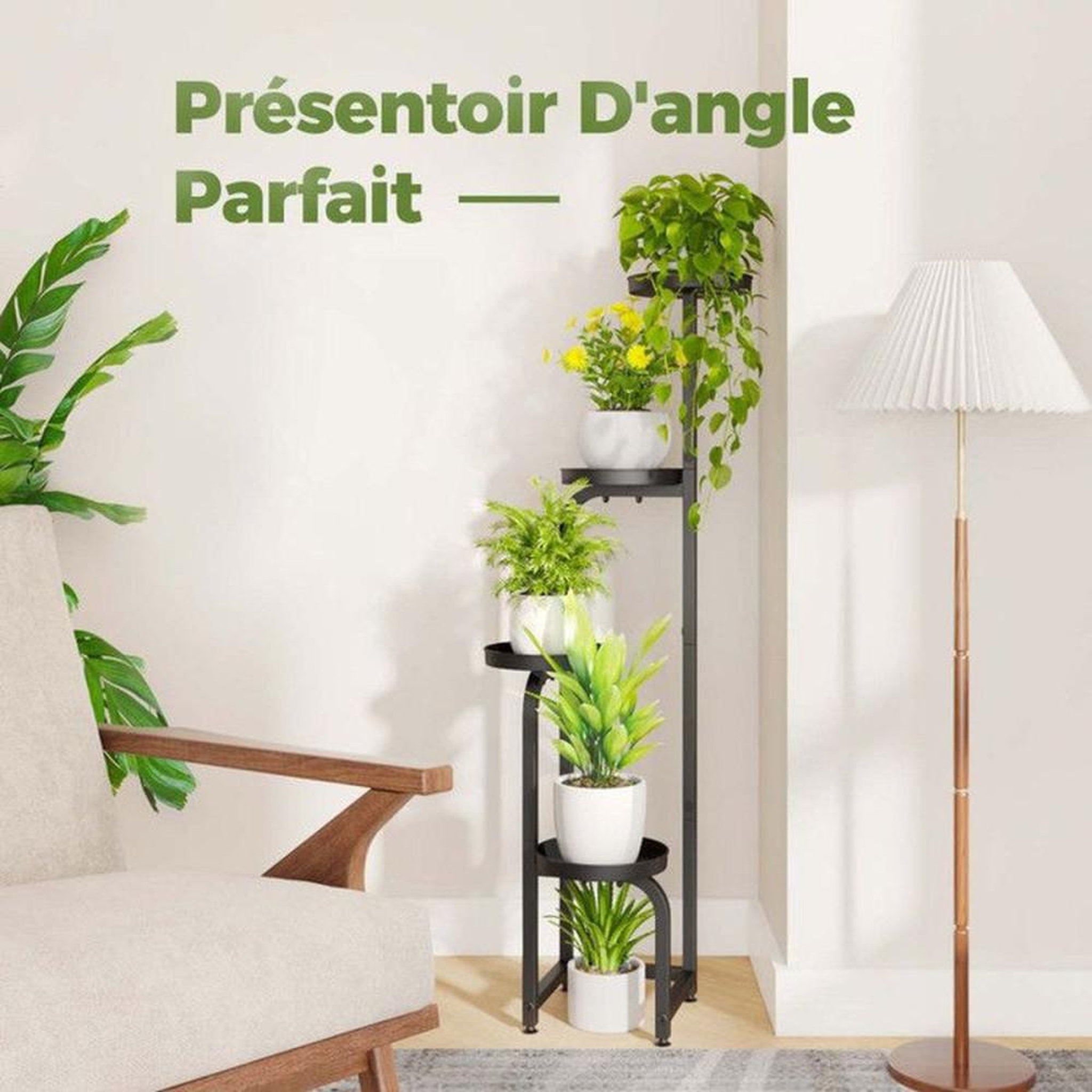 Voir la diapositive 3 : Porte plante spirale 4 niveaux noir en métal, plateaux perforés de drainage, pieds réglables, hauteur 116,8 cm