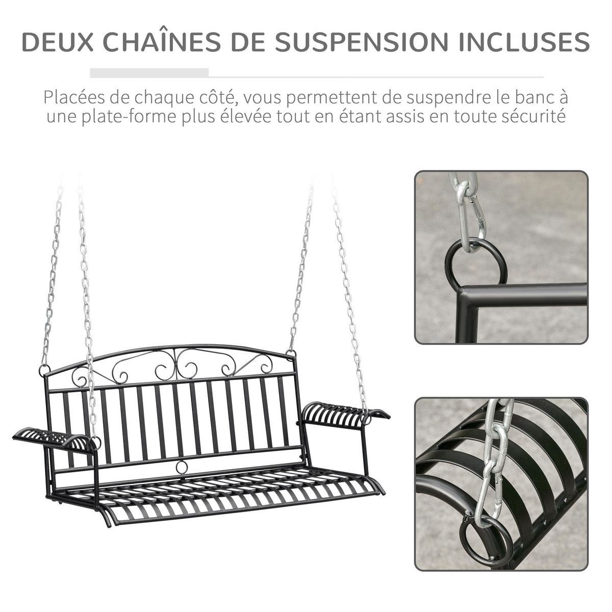 OUTSUNNY Banc suspendu 2 places balancelle de jardin en métal dim. 137L x 58l x 52H cm noir