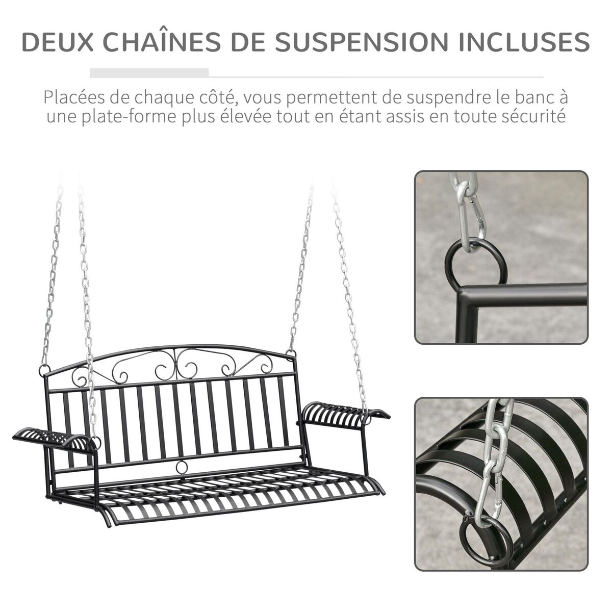 OUTSUNNY Banc suspendu 2 places balancelle de jardin en métal dim. 137L x 58l x 52H cm noir