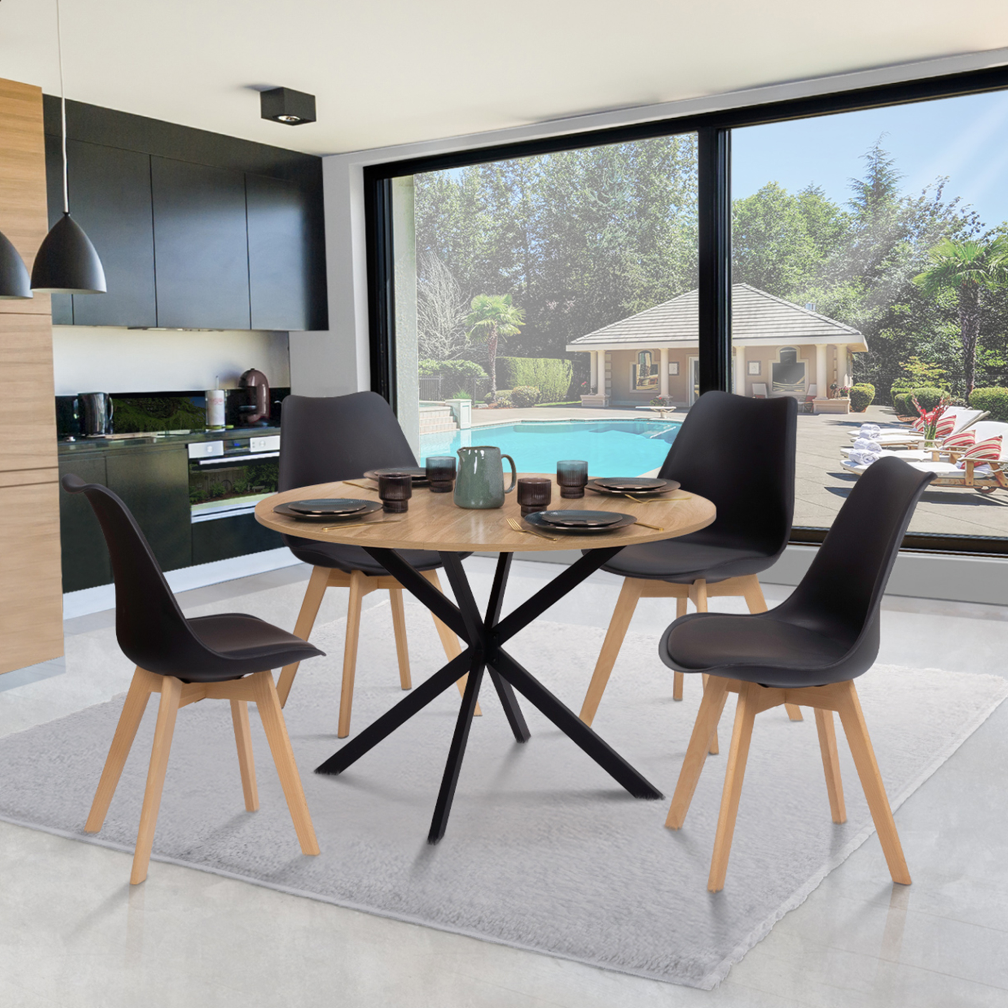 Voir la diapositive 2 : ID MARKET Table à manger ronde alix 6 personnes pied araignée bois et noir 110 cm