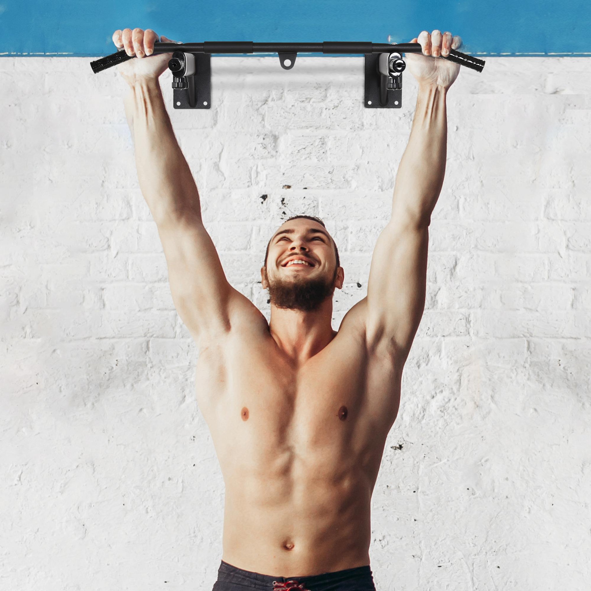 Voir la diapositive 2 : HOMCOM Barre de traction barre de fitness fixation murale support sac de frappe ou sangles trx intégré charge max. 150 kg acier noir