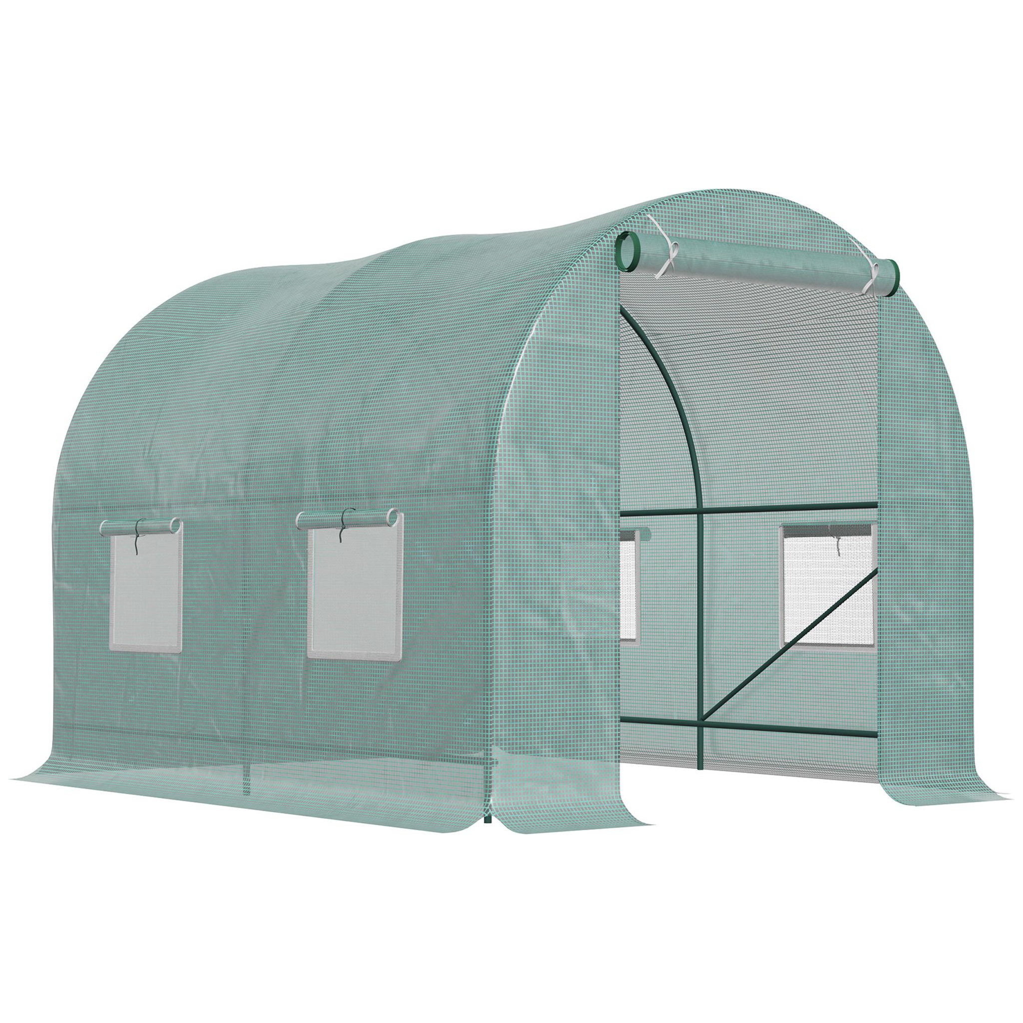 OUTSUNNY Serre de jardin tunnel 5 m² 2,45l x 2l x 1,98h m acier renforcé ø 1,8 cm + pe haute densité 140 g/m² fenêtres porte déroulante vert