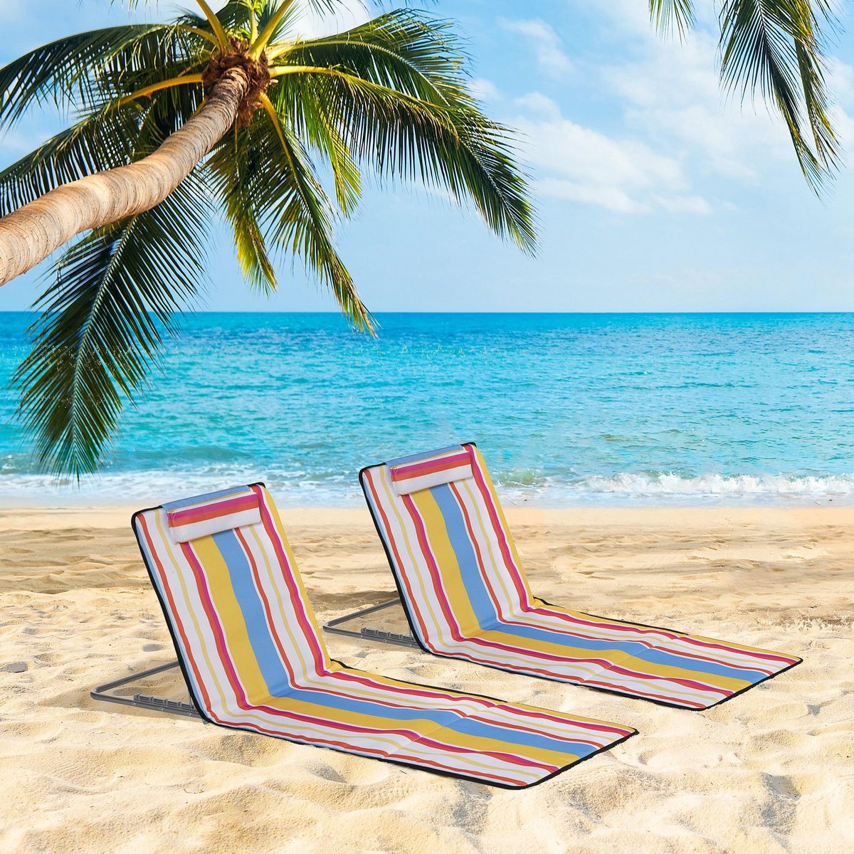 OUTSUNNY Lot de 2 tapis de plage rembourrés - dossier inclinable 5 positions - sac transport inclus - acier polyester multicolore