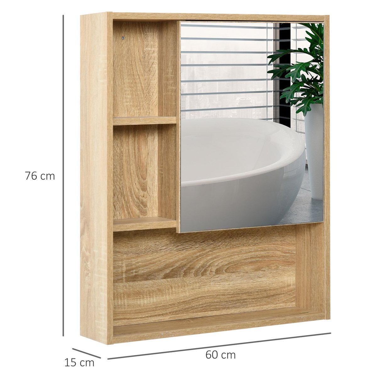 HOMCOM Armoire murale de rangement salle de bain avec porte miroir couleur bois de chêne dim. 60L x 15l x H76 cm