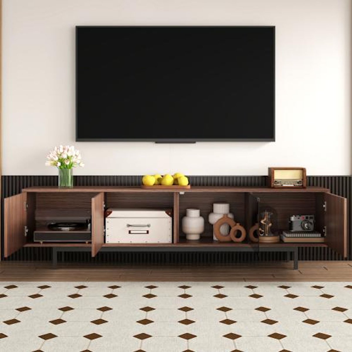 MERAX Meuble tv naturel 200 cm led mdf